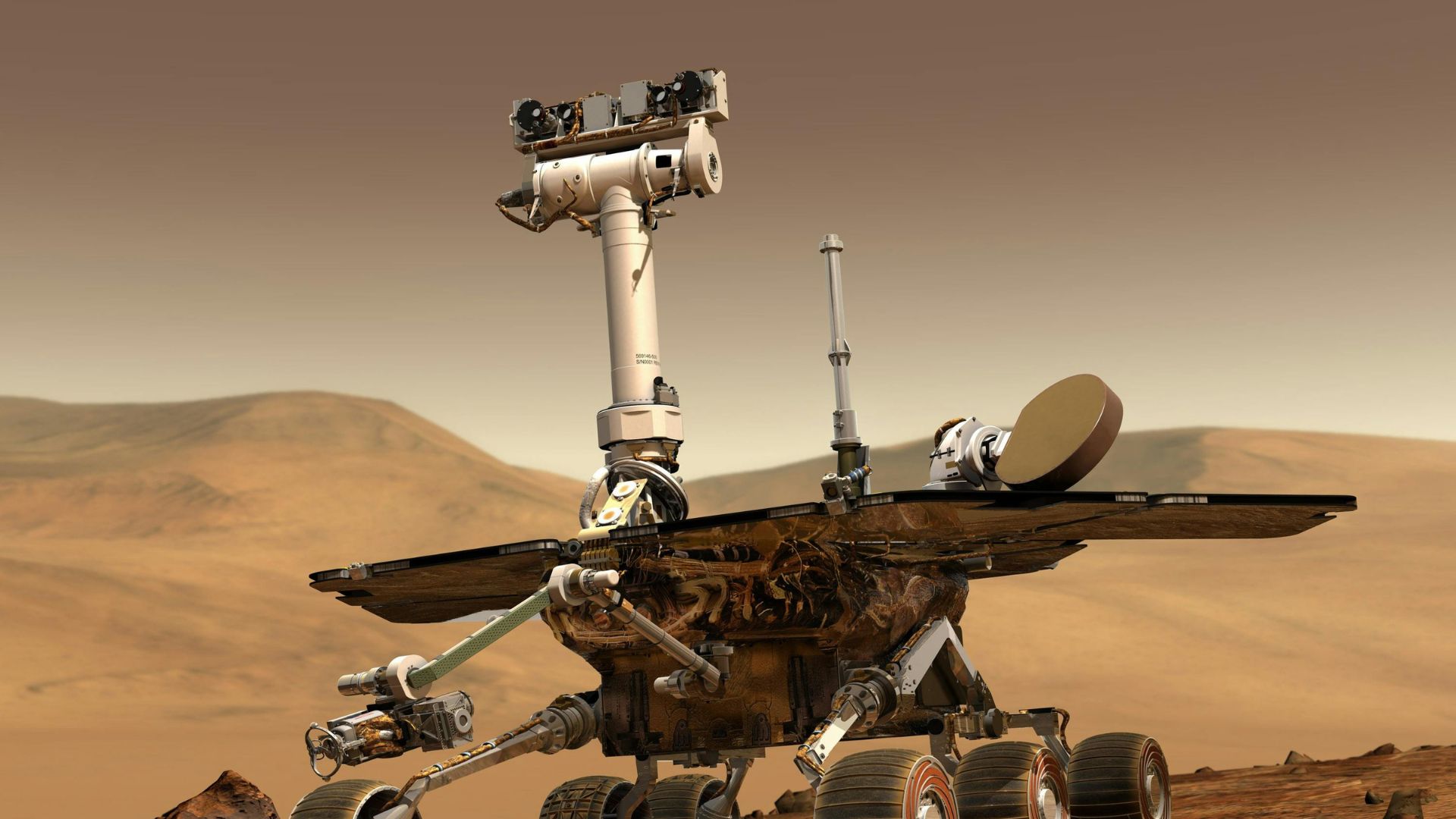 Gray and white Perseverance rover on Martian surface