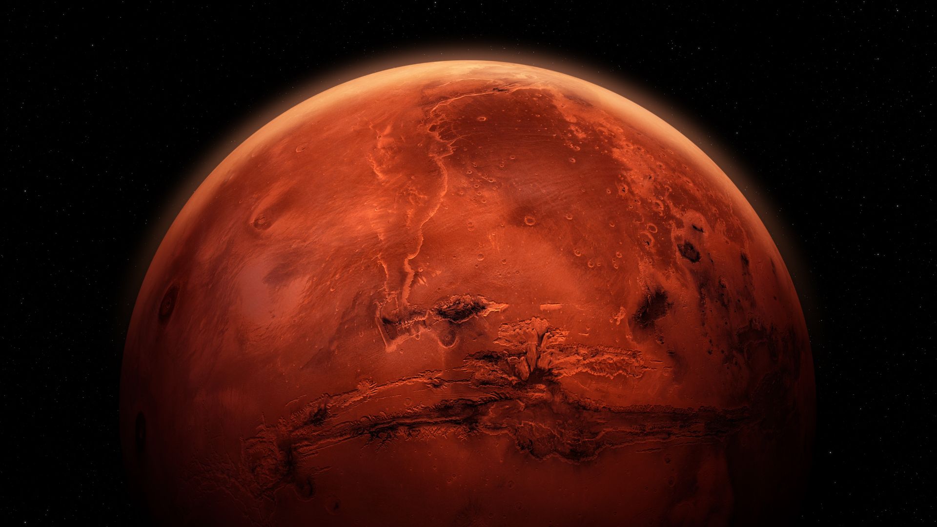Red Martian landscape with rocky surface captured from space