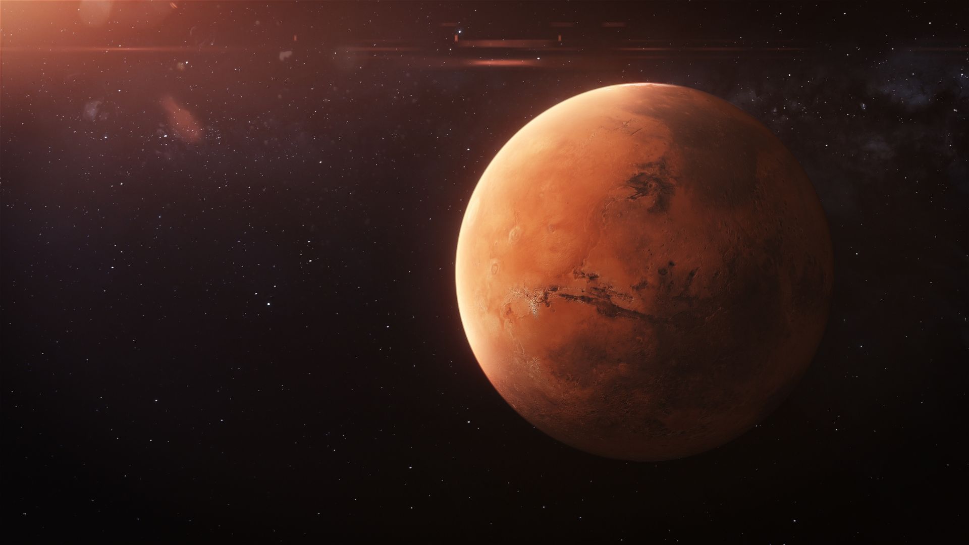 Red planet surface showing rock formations and dusty terrain