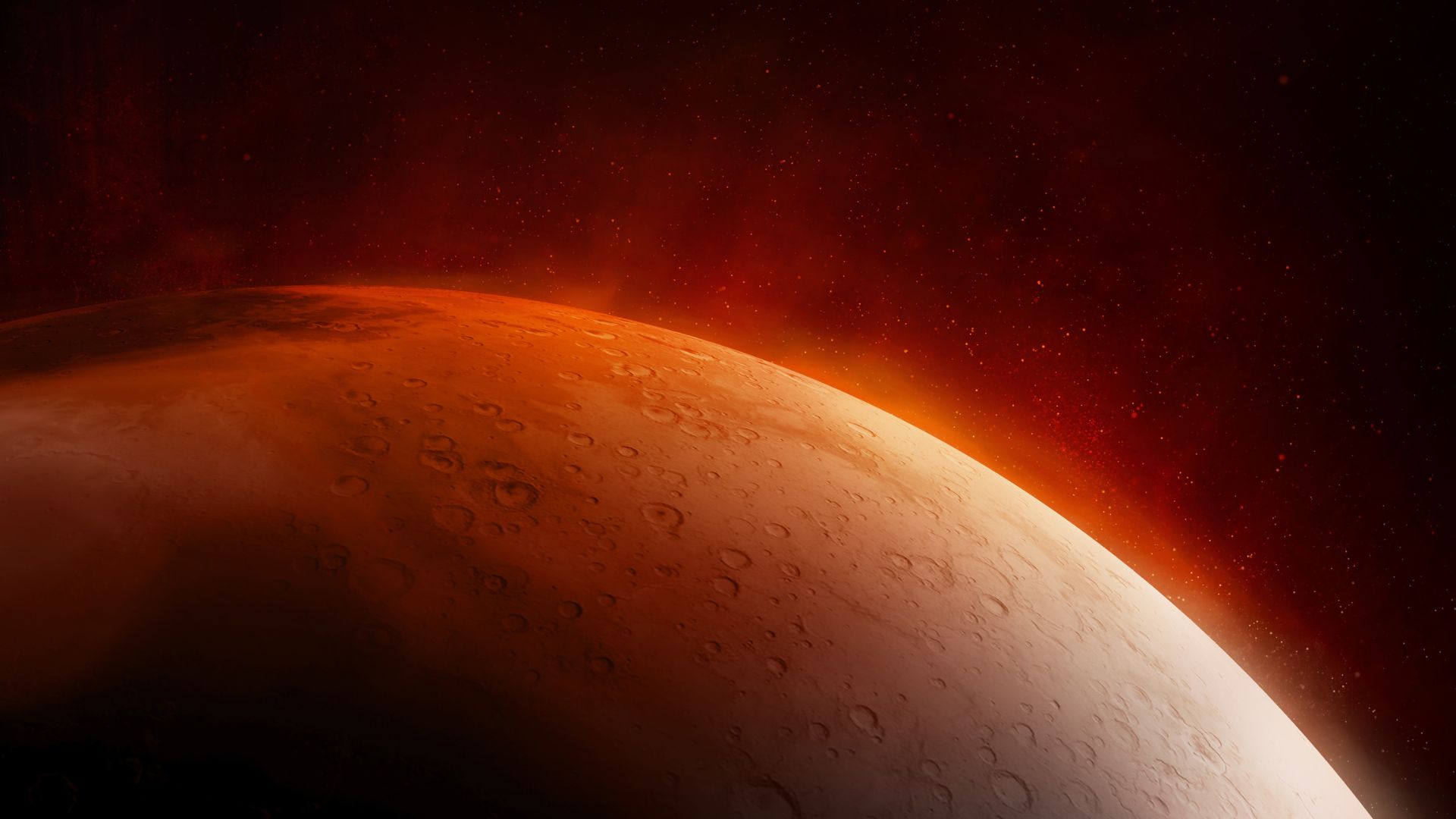 Close-up view of Mars’ surface with red rocks and soil