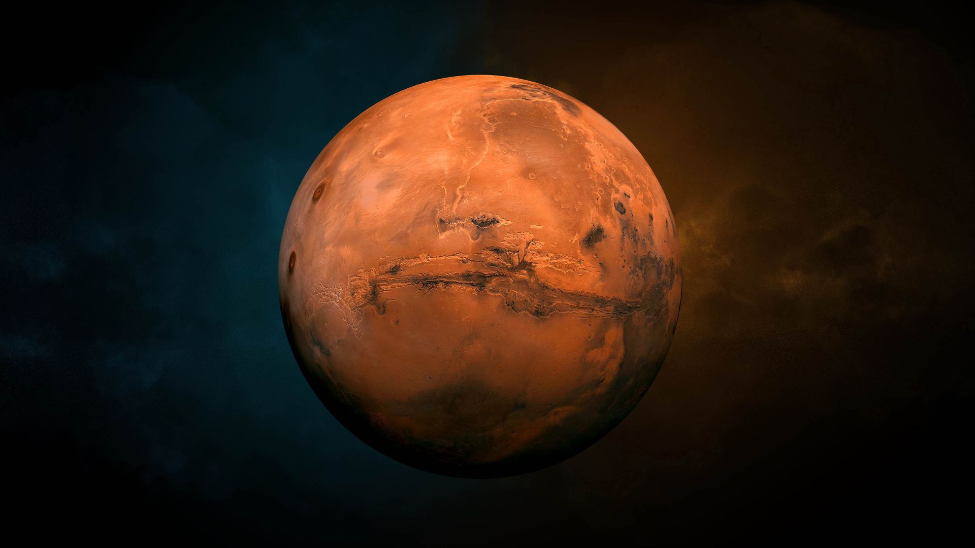 Planet Mars shown in space with the Sun glowing in the background