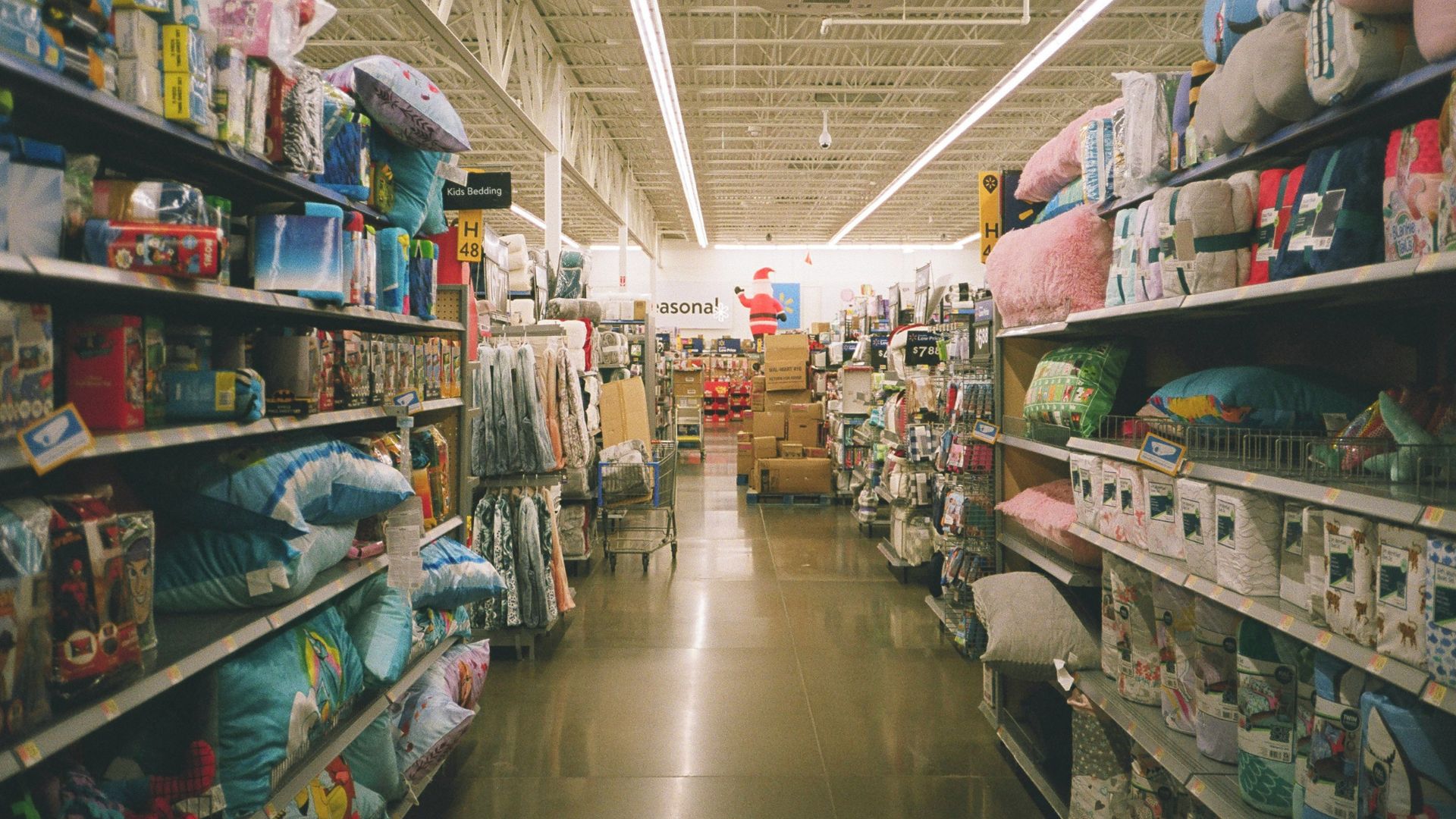 Assorted items displayed on shelves inside a retail store
