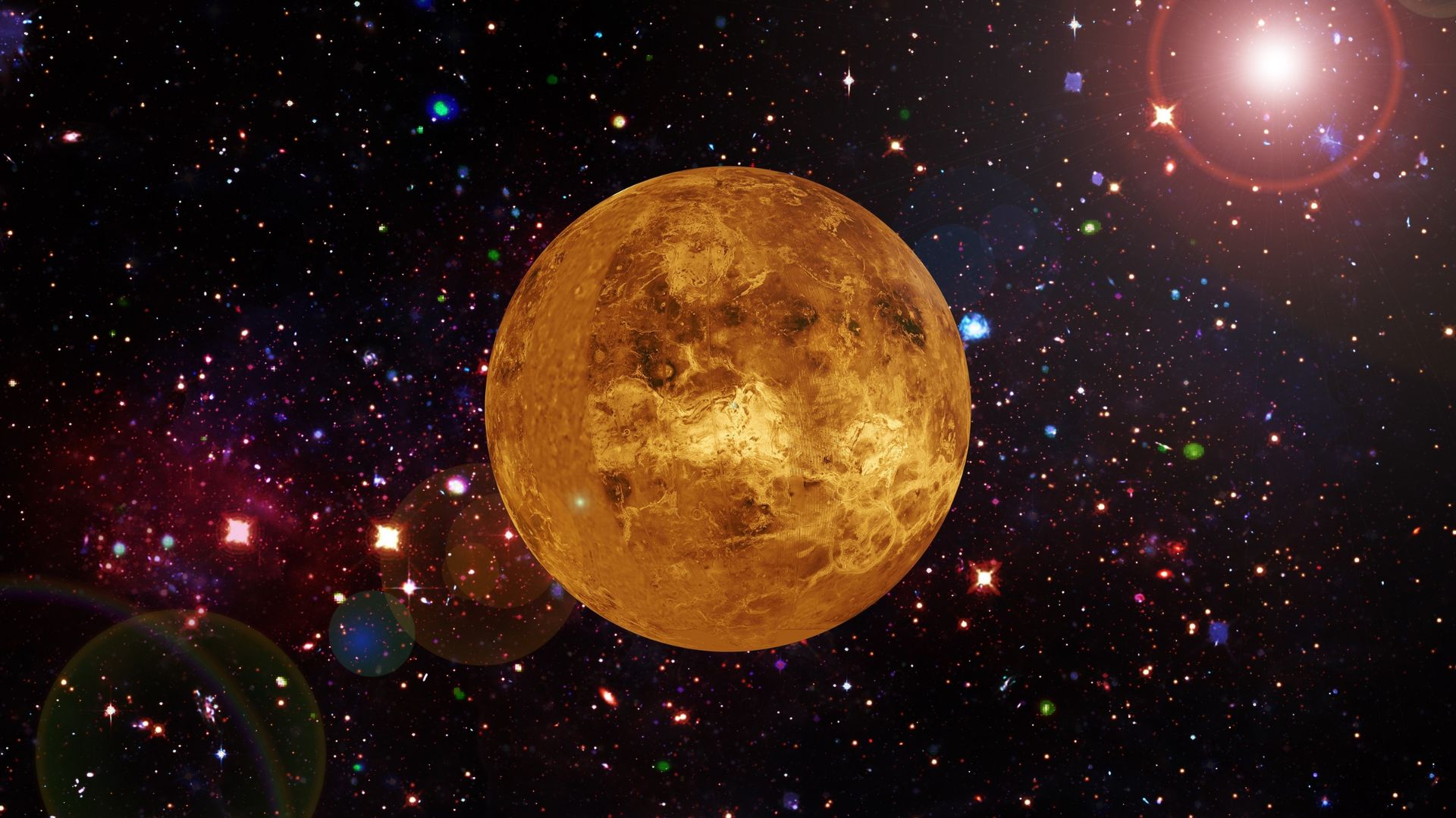Digital rendering of Venus showing circular surface patterns and corona-like formations