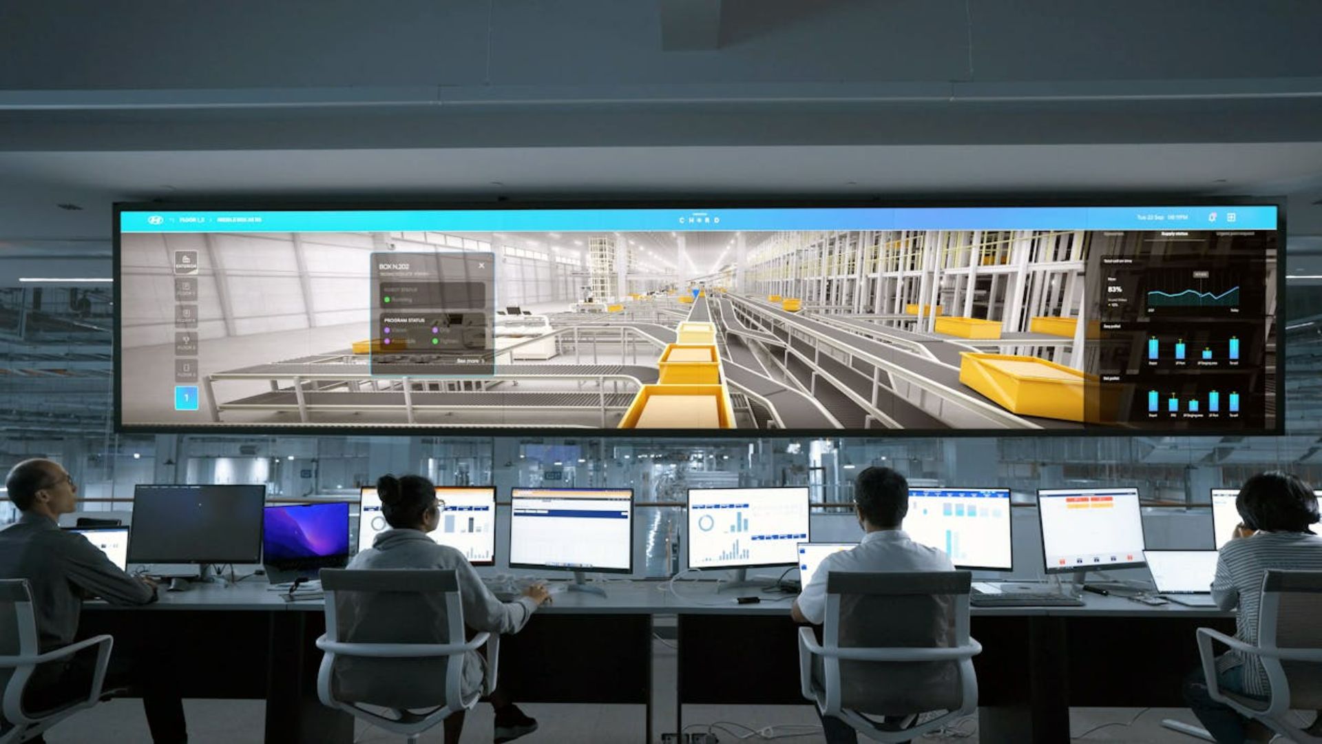 A control room with four people seated at desks, monitoring multiple screens. A large screen above shows a warehouse or factory simulation. The scene conveys efficiency and focus.