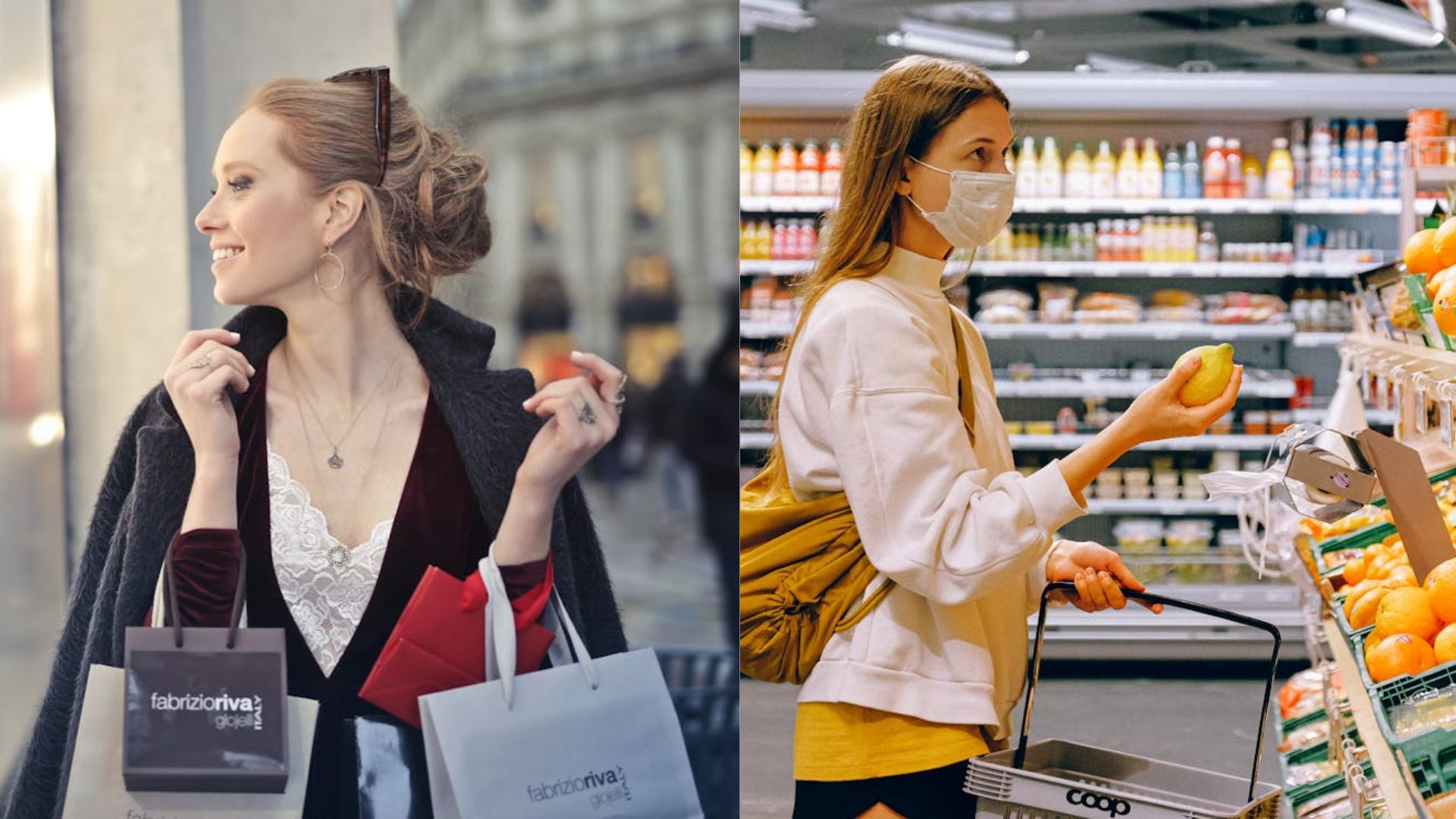 Left image: A woman outdoors with shopping bags, smiling and looking to the side, conveying joy. Right image: A woman in a supermarket, wearing a mask, selecting fruit with a focused expression.