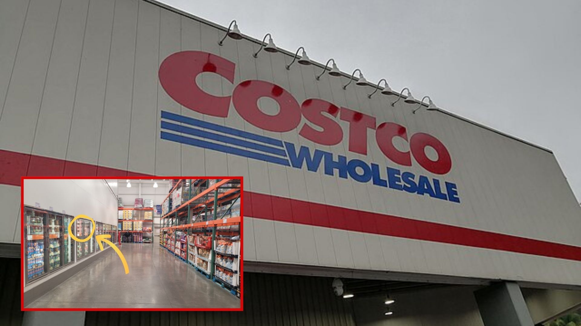 Exterior of a Costco Wholesale store with a red and blue logo. Inset shows an aisle inside, featuring shelves stocked with groceries and refrigerated items.