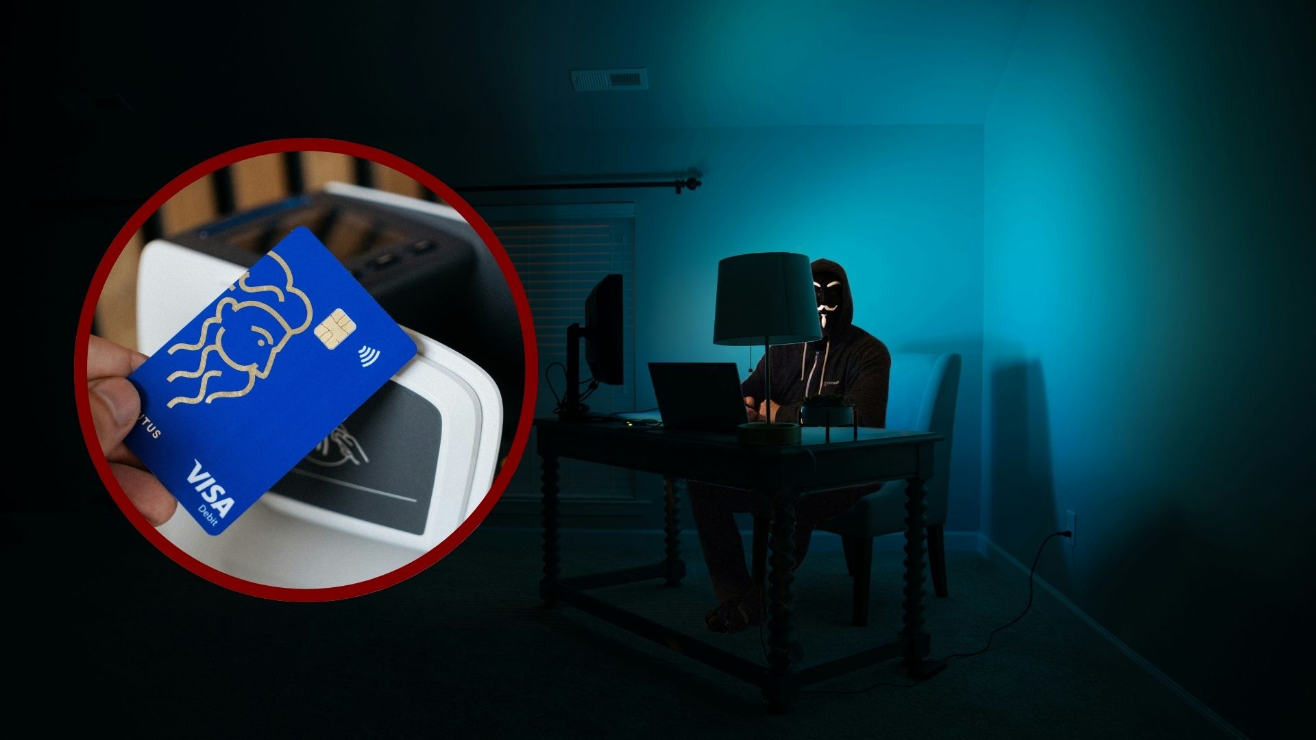 Man sitting at a desk and facing a laptop while holding a credit card