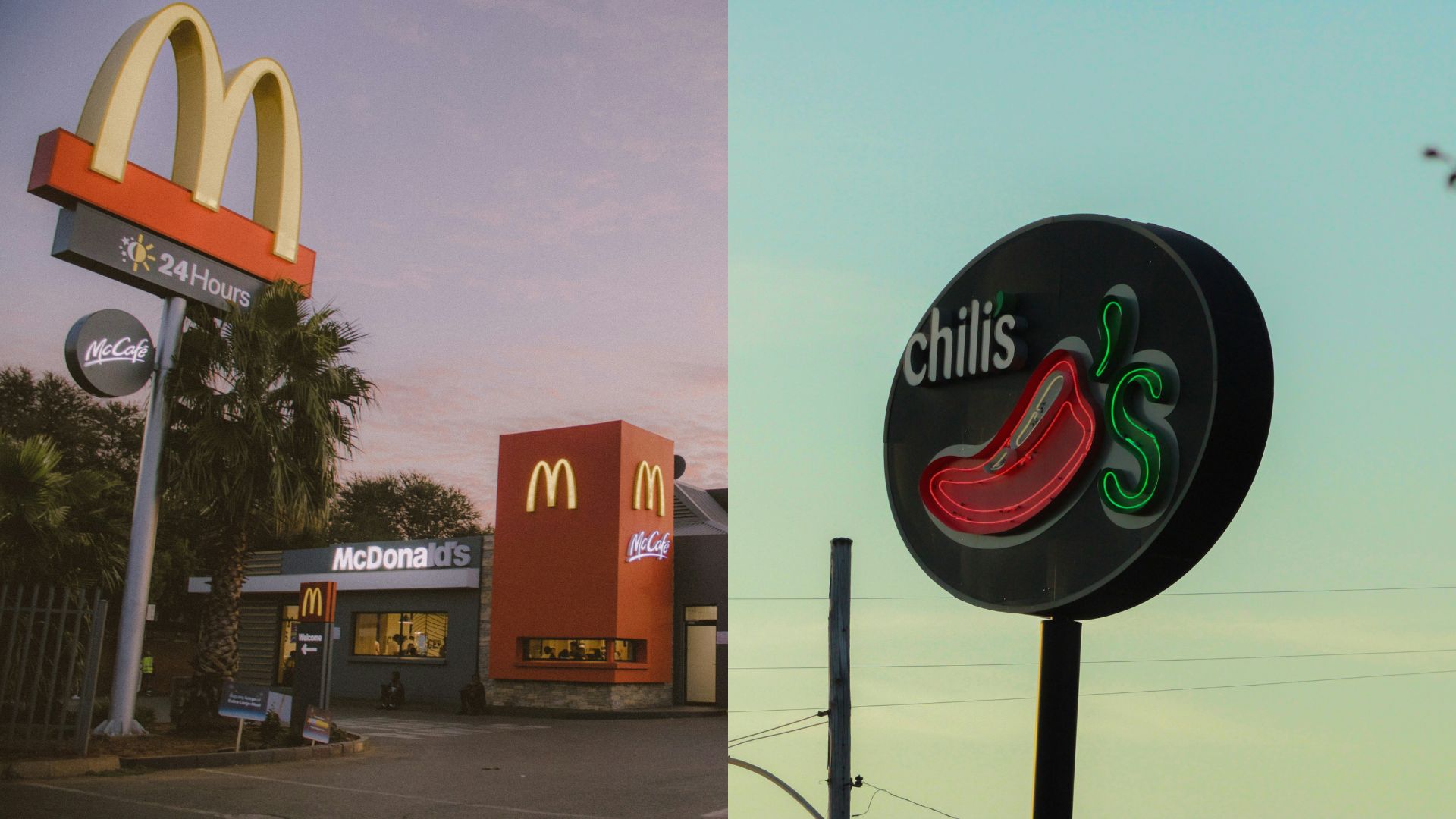 Red and white restaurant building near palm trees on a sunny day