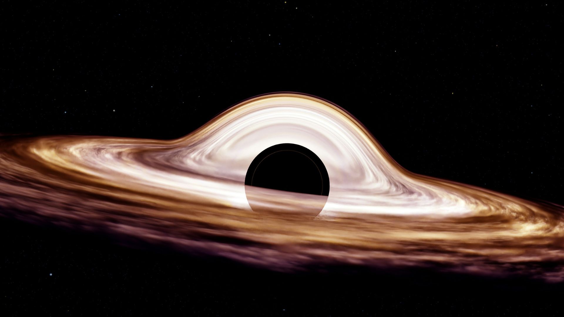 Digital illustration of a dense black hole pulling in nearby light and gas