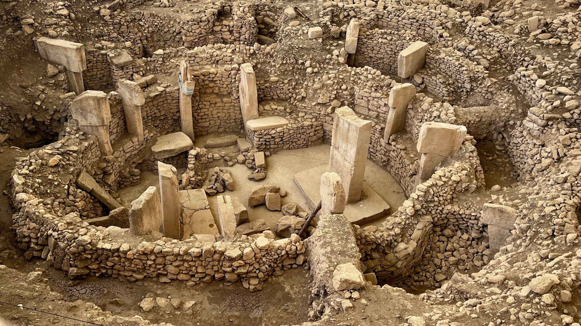Aerial view of ancient stone ruins in a historic archaeological site