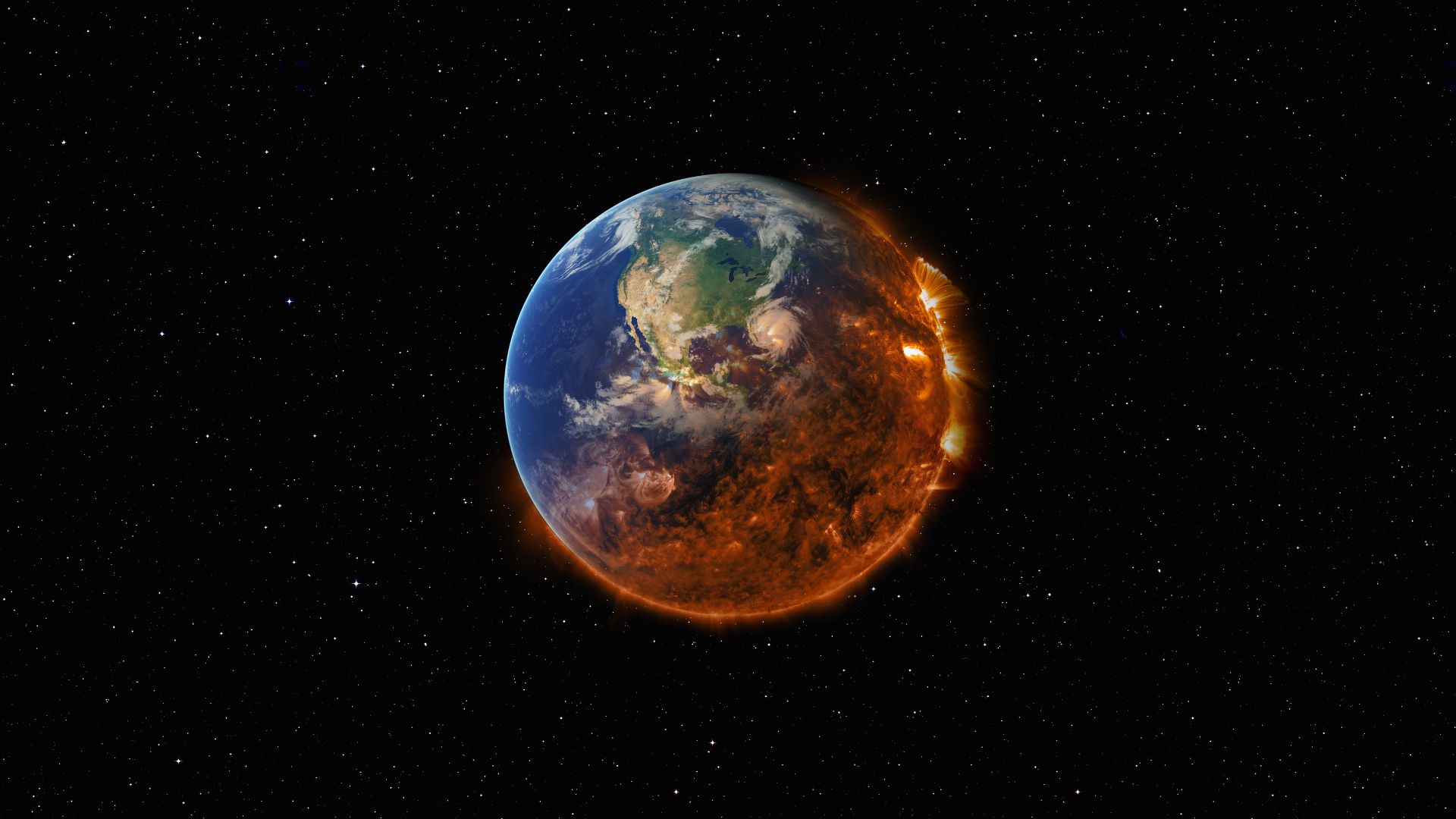 Digital illustration of Earth half burning and half flooded to show global warming impacts