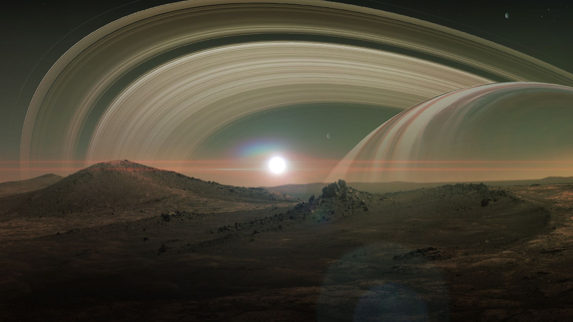 Artistic view of Saturn and its moon Titan shown together in space