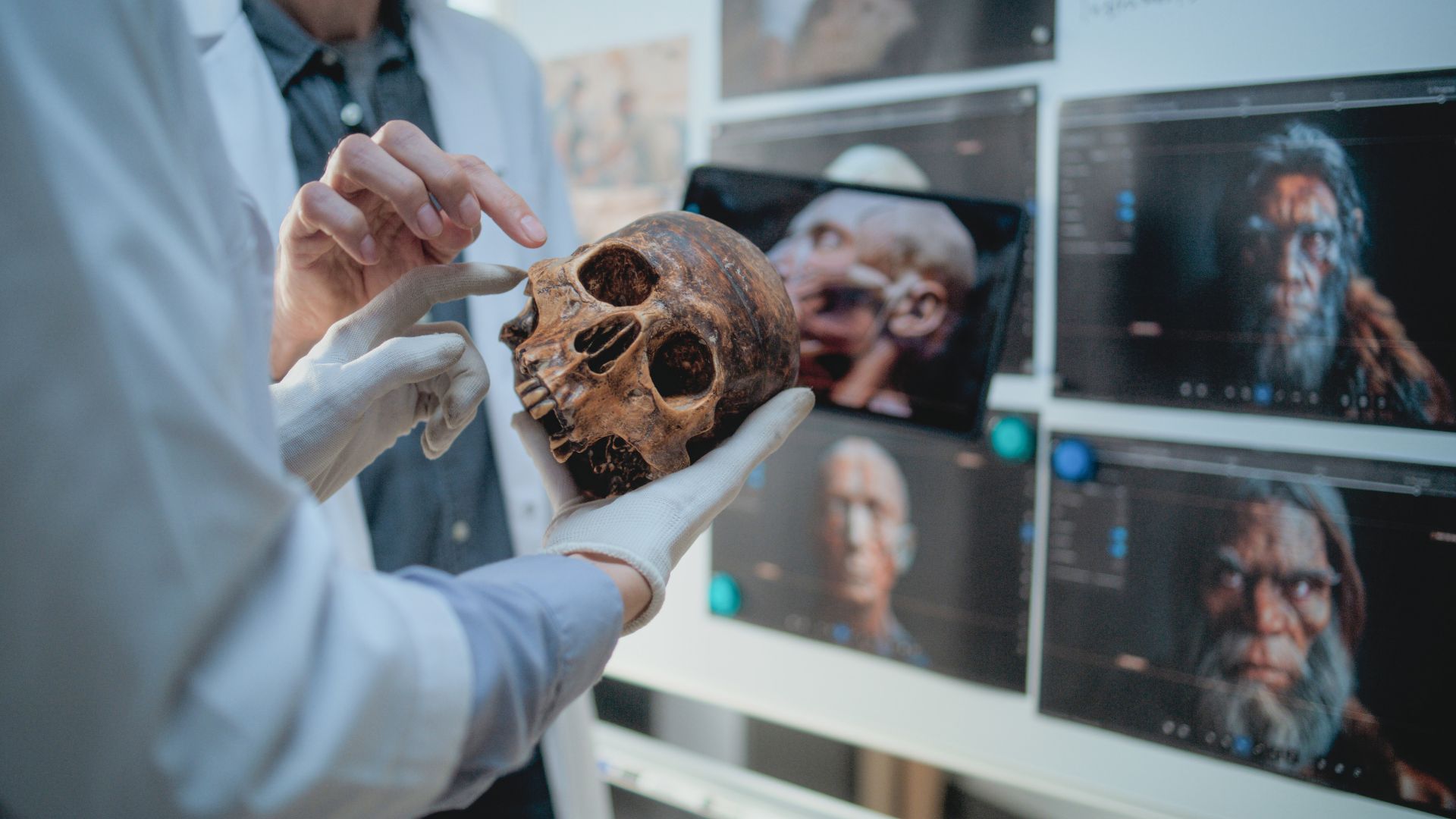 Male and female scientists examining a fossil skeleton on a table in a lab
