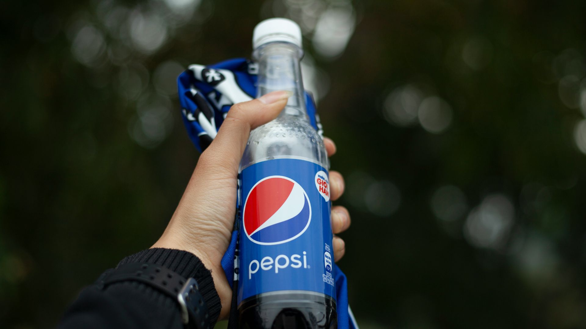 Person holding a plastic bottle of Pepsi
