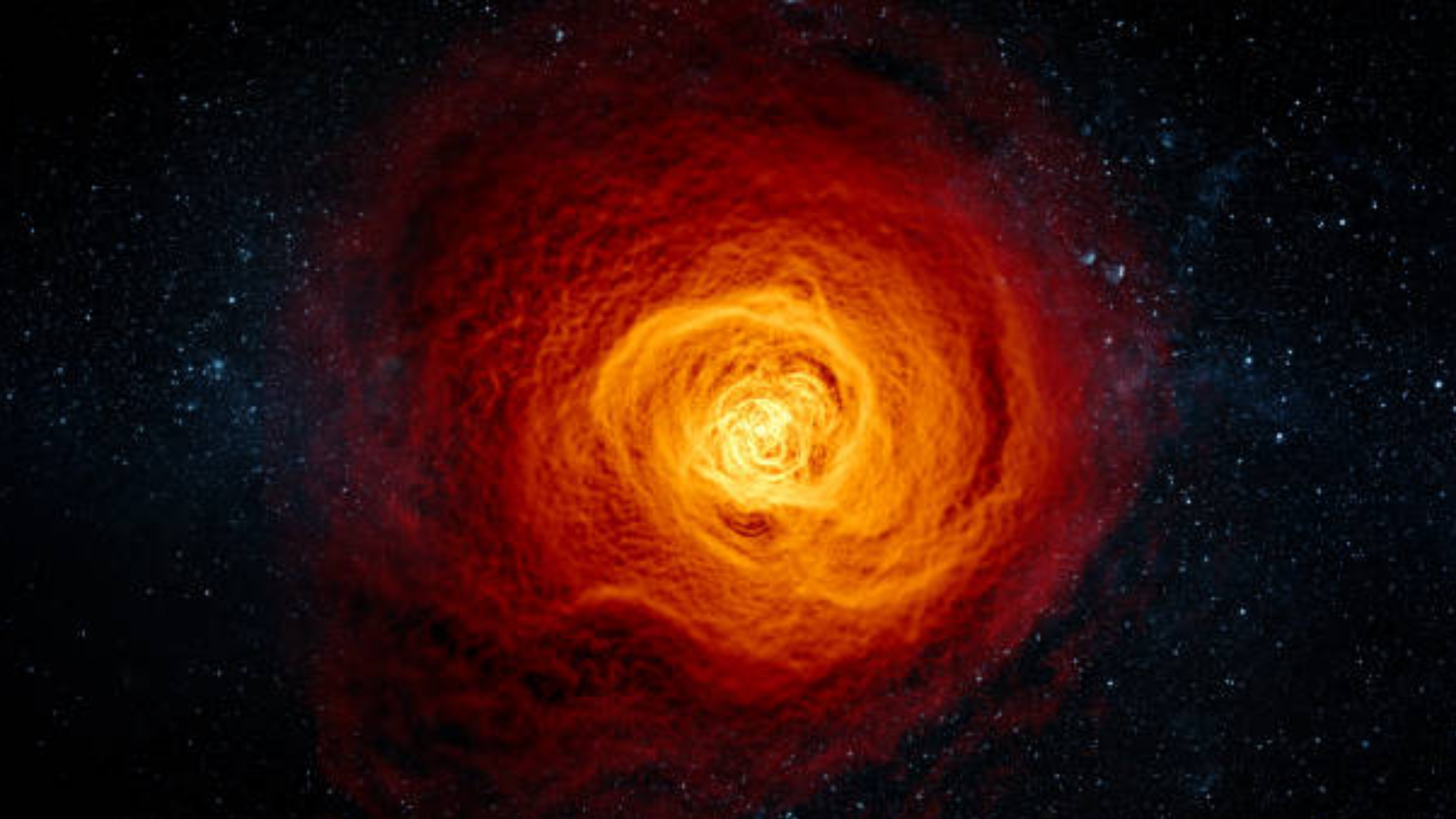 A swirling bright orange and red formation resembling a glowing galactic vortex or nebula, set against a deep space star field.