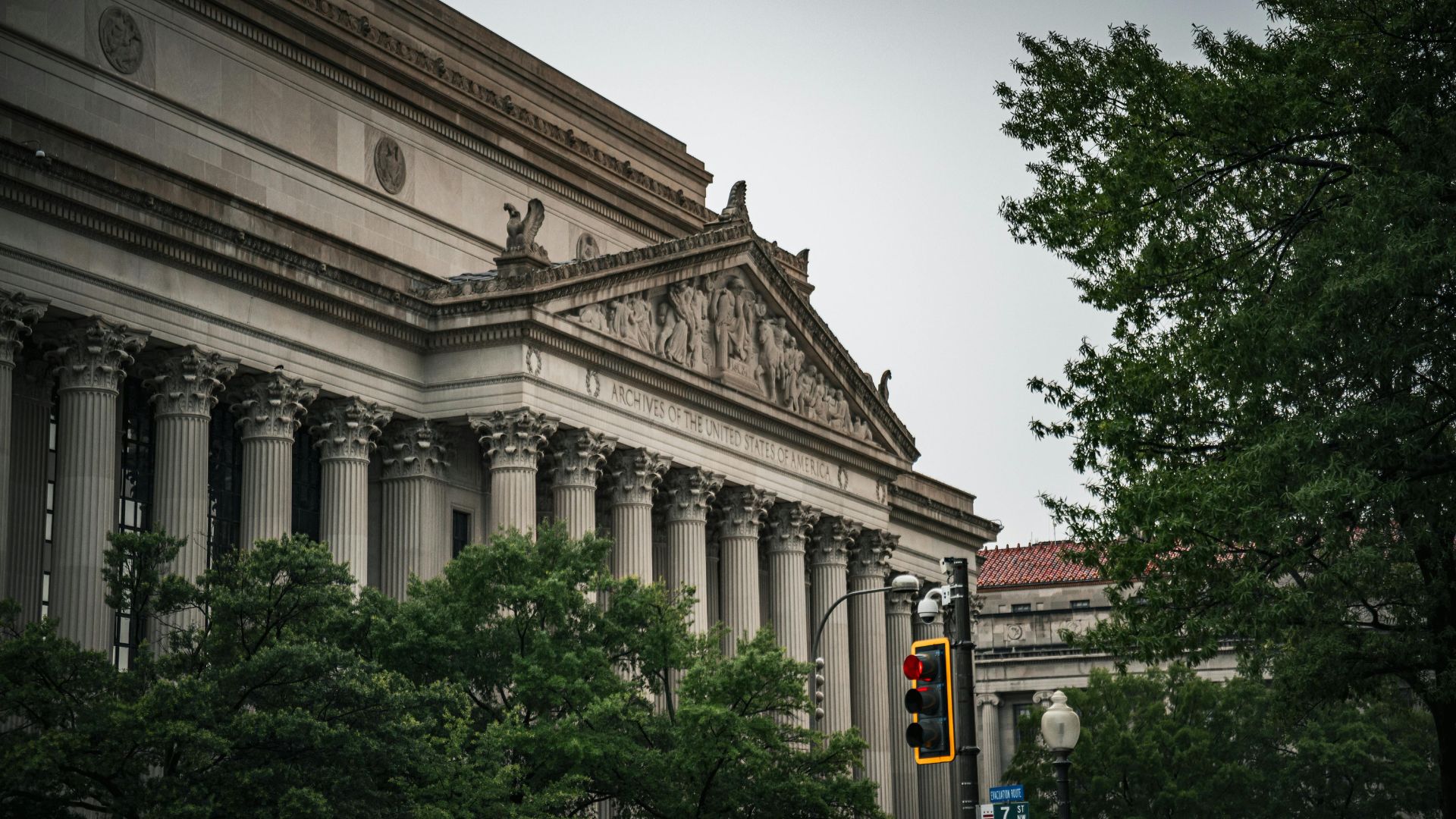 Exterior view of the National Archives building in Washington, D.C.