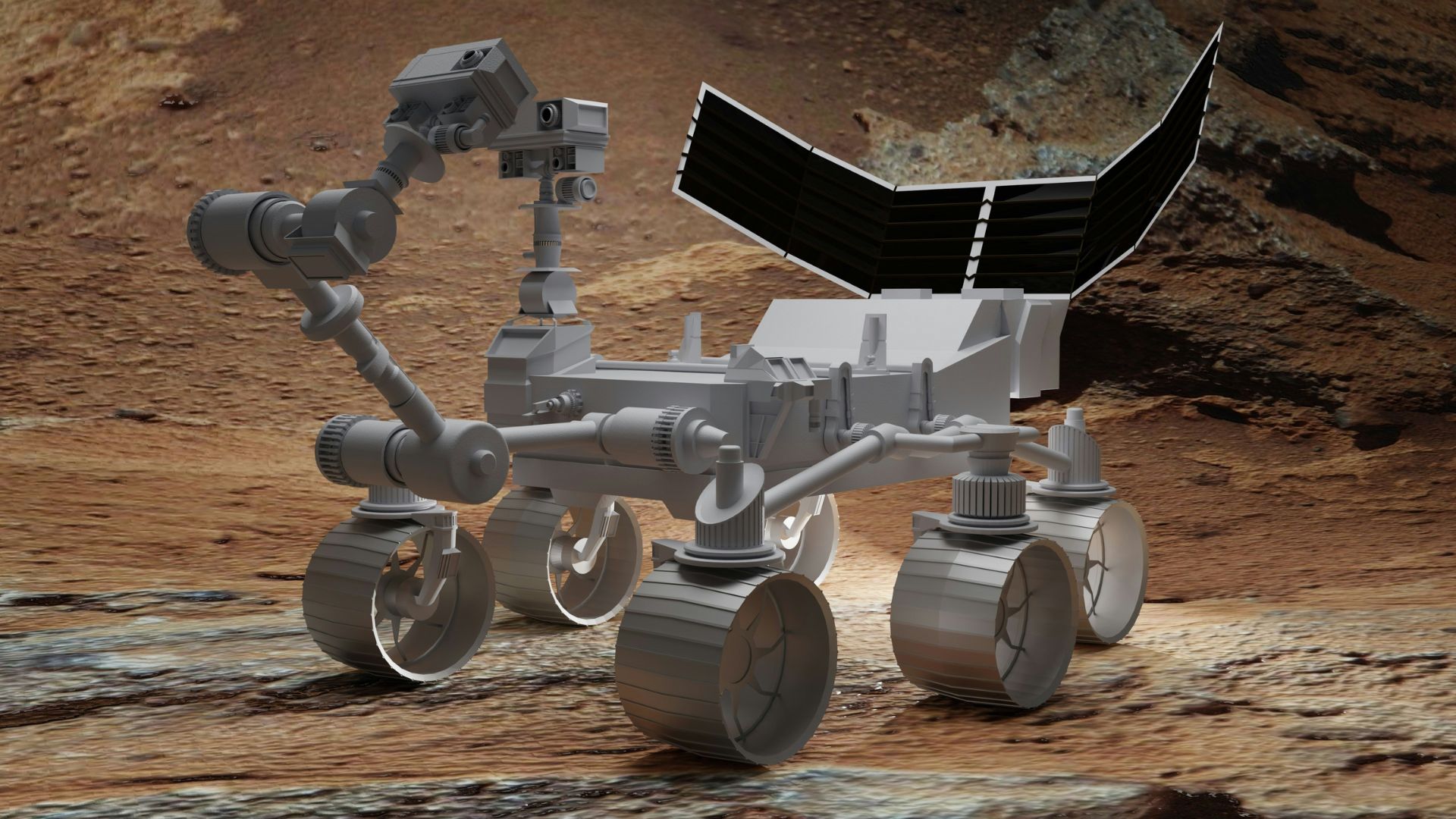Mars rover standing on a rocky Martian surface under a hazy sky