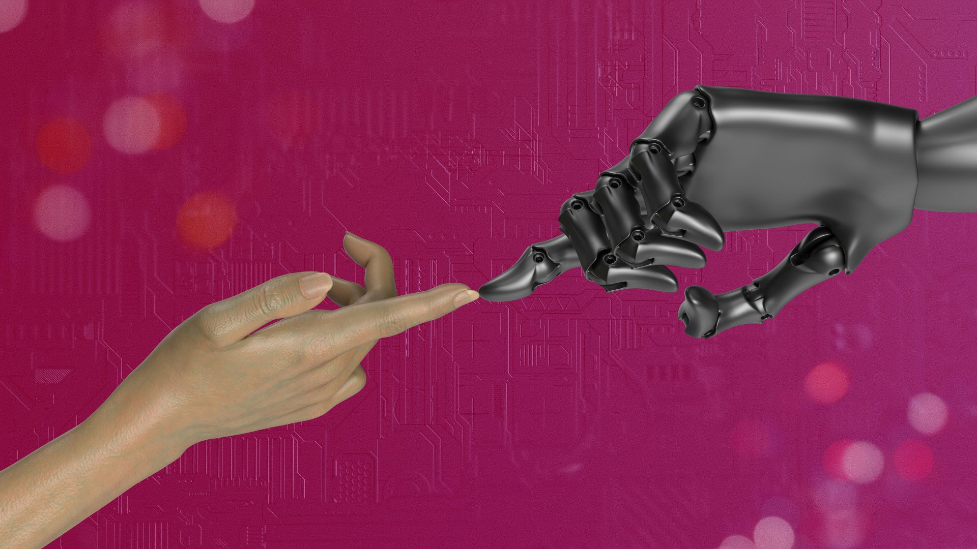 Two human hands reaching toward each other against a pink background