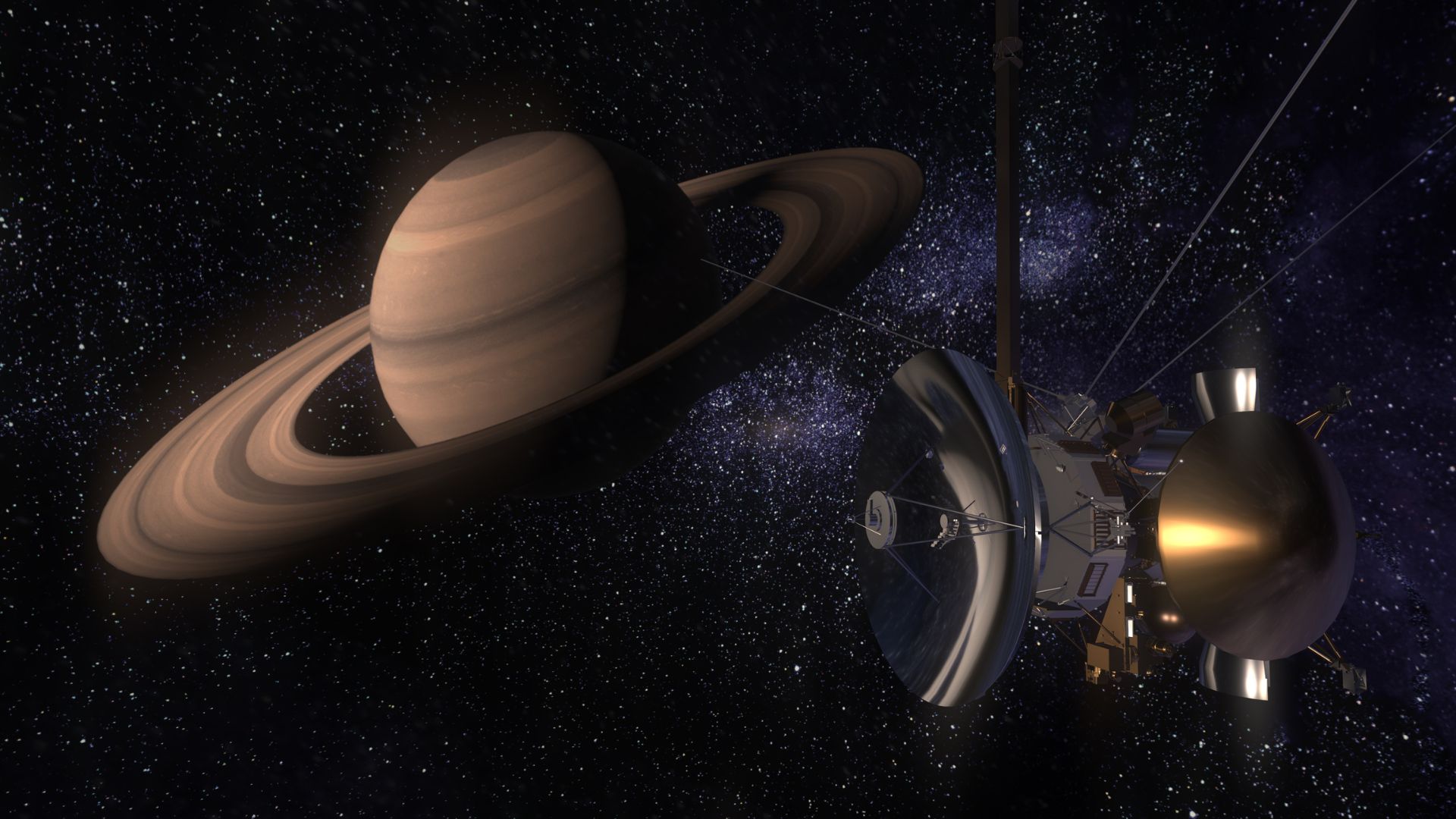 Cassini spacecraft flying near Saturn and its rings during mission operations