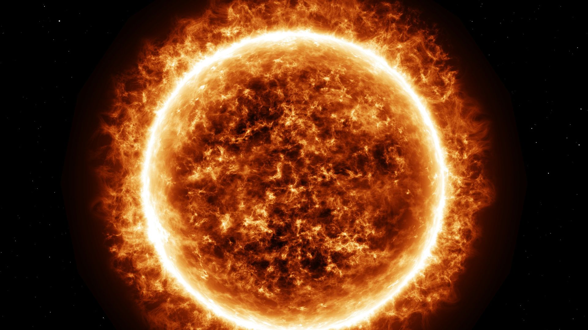 Close view of the sun highlighting bright activity and scattered sunspots