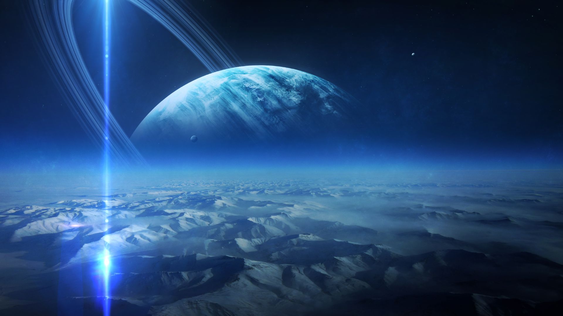 Artistic depiction of an icy moon shaped by gravitational forces in space