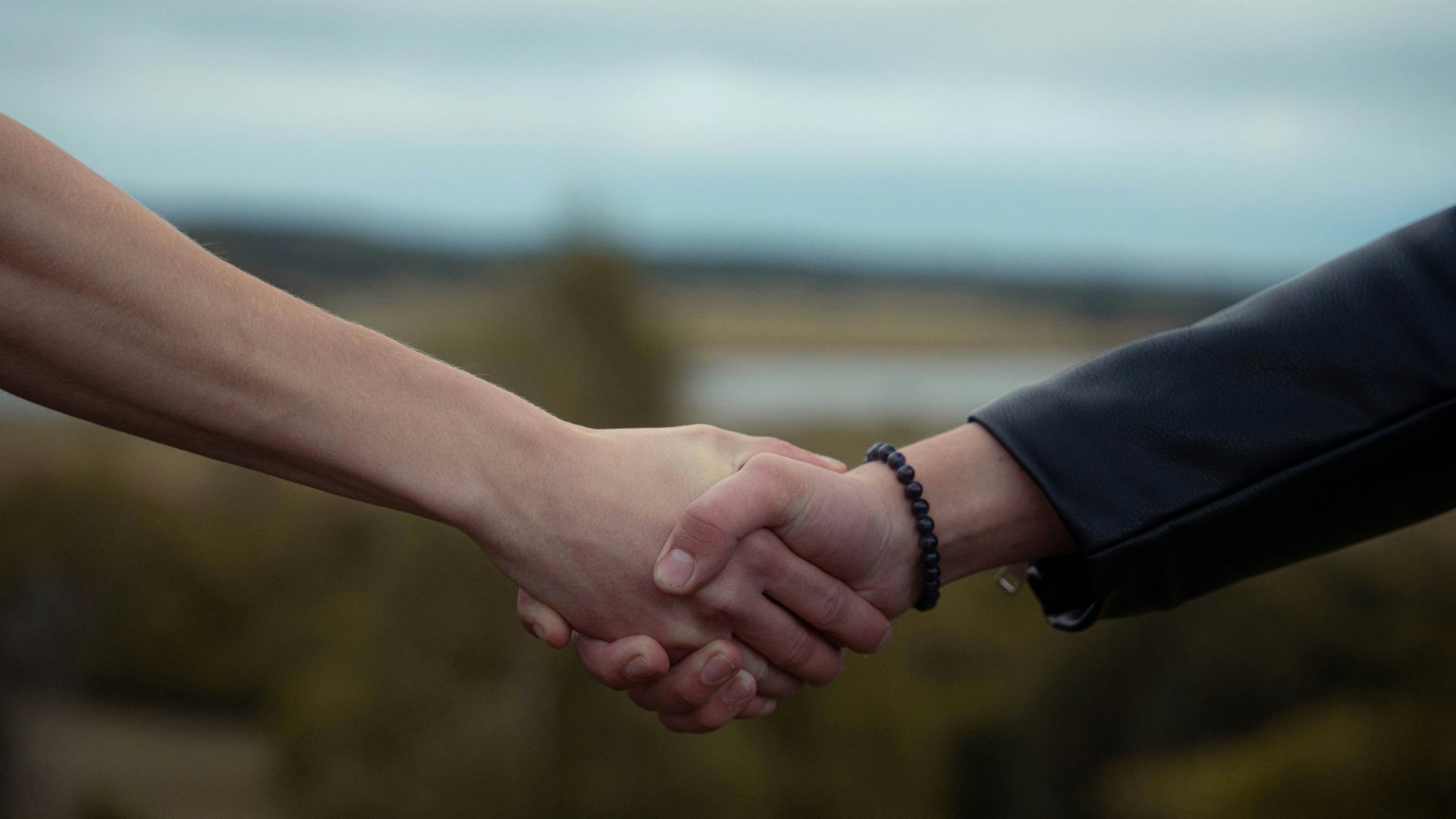 Two people shaking hands in a symbolic meeting