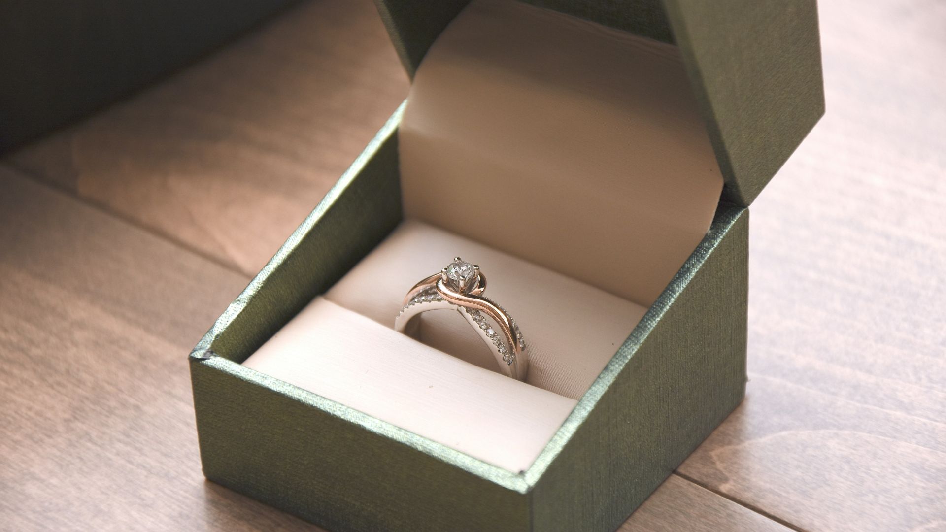 Silver ring with a gemstone displayed inside a box