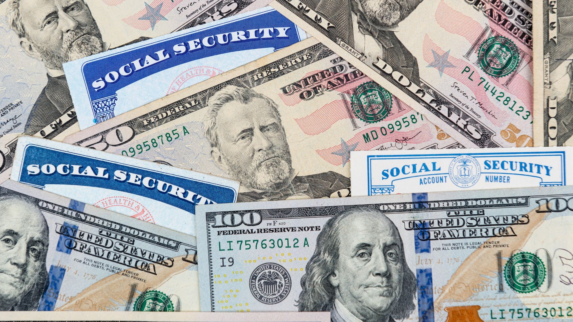 Collage showing Social Security card, US dollar bills, and retirement paperwork.