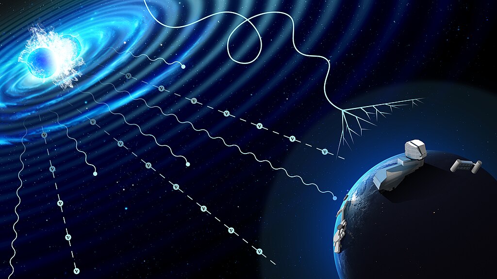This illustration depicts a compact merger event that is emitting three multi-messenger signals: photons, neutrinos and gravitational waves.