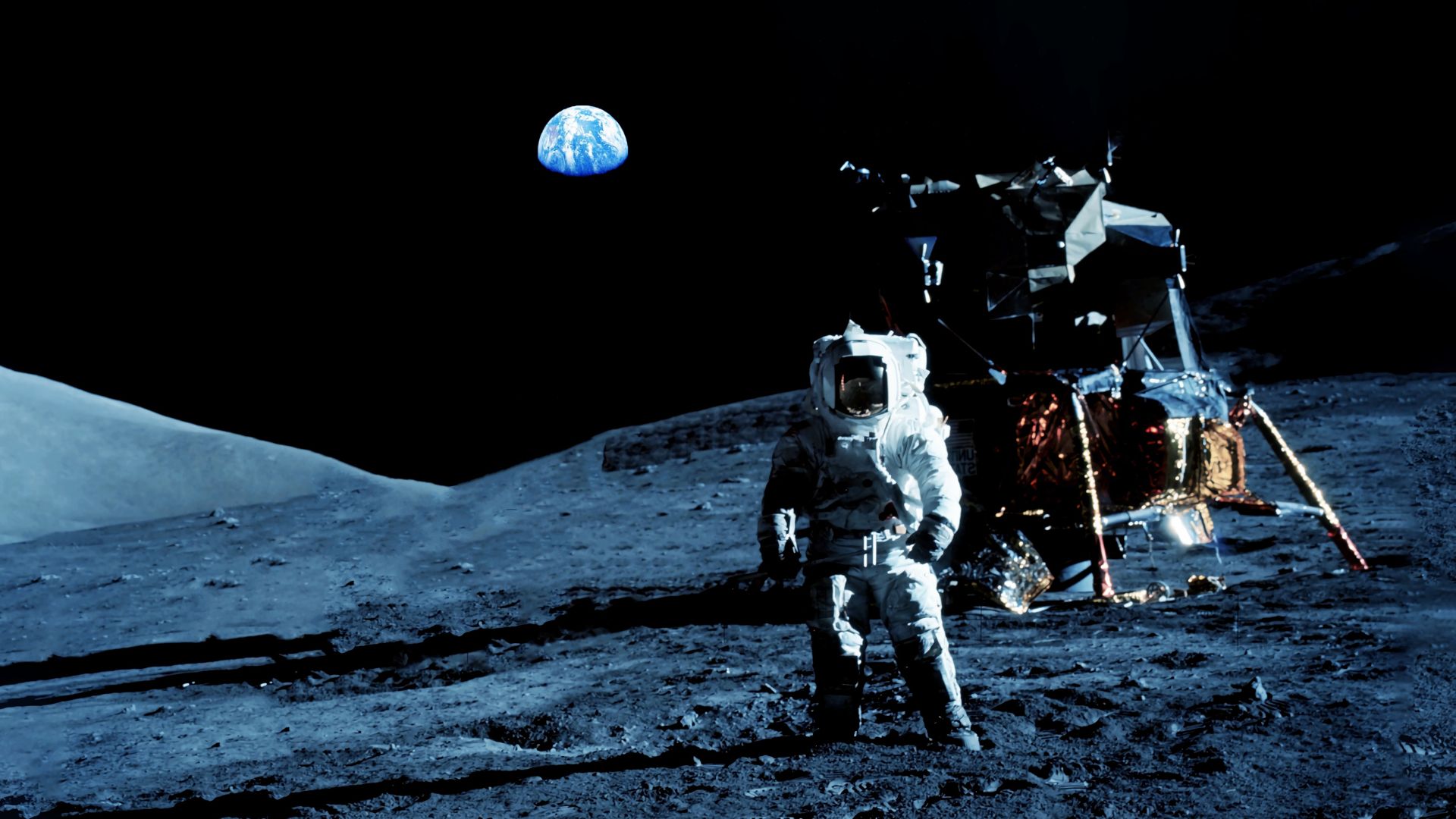 Astronaut standing on the Moon with space exploration elements visible