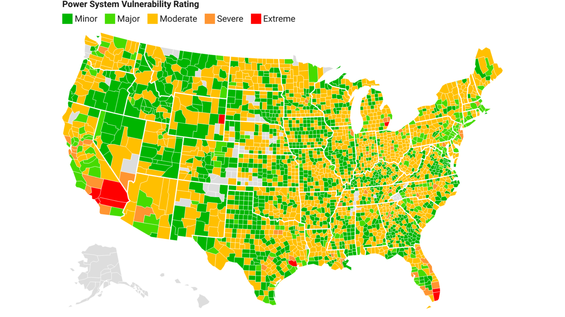 Map of US power system vulnerability ratings