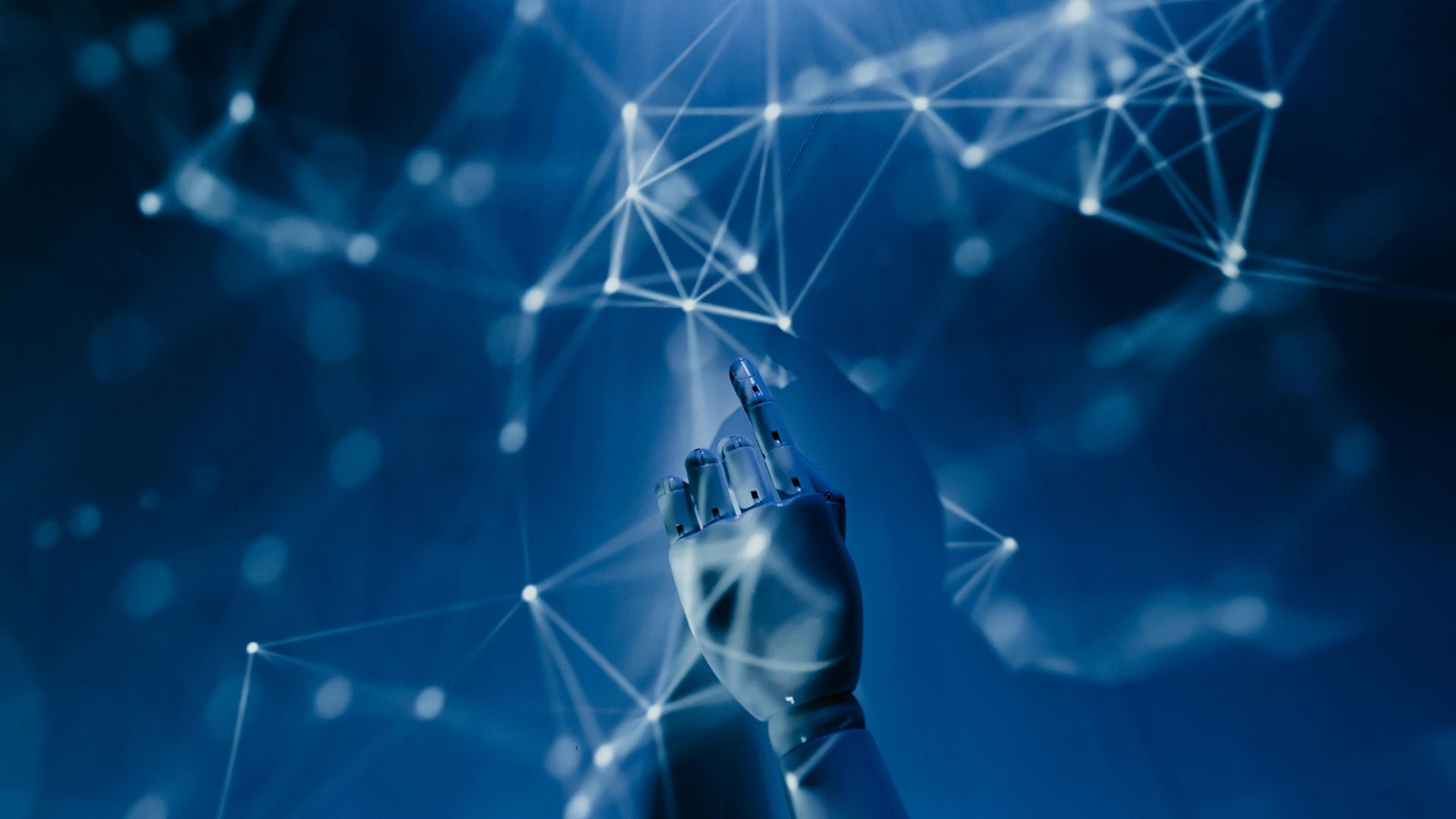 A depiction of AI with a mechanical hand pointing