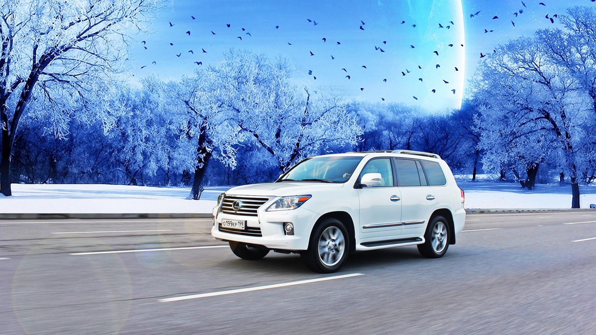 Car driving in a winter setting