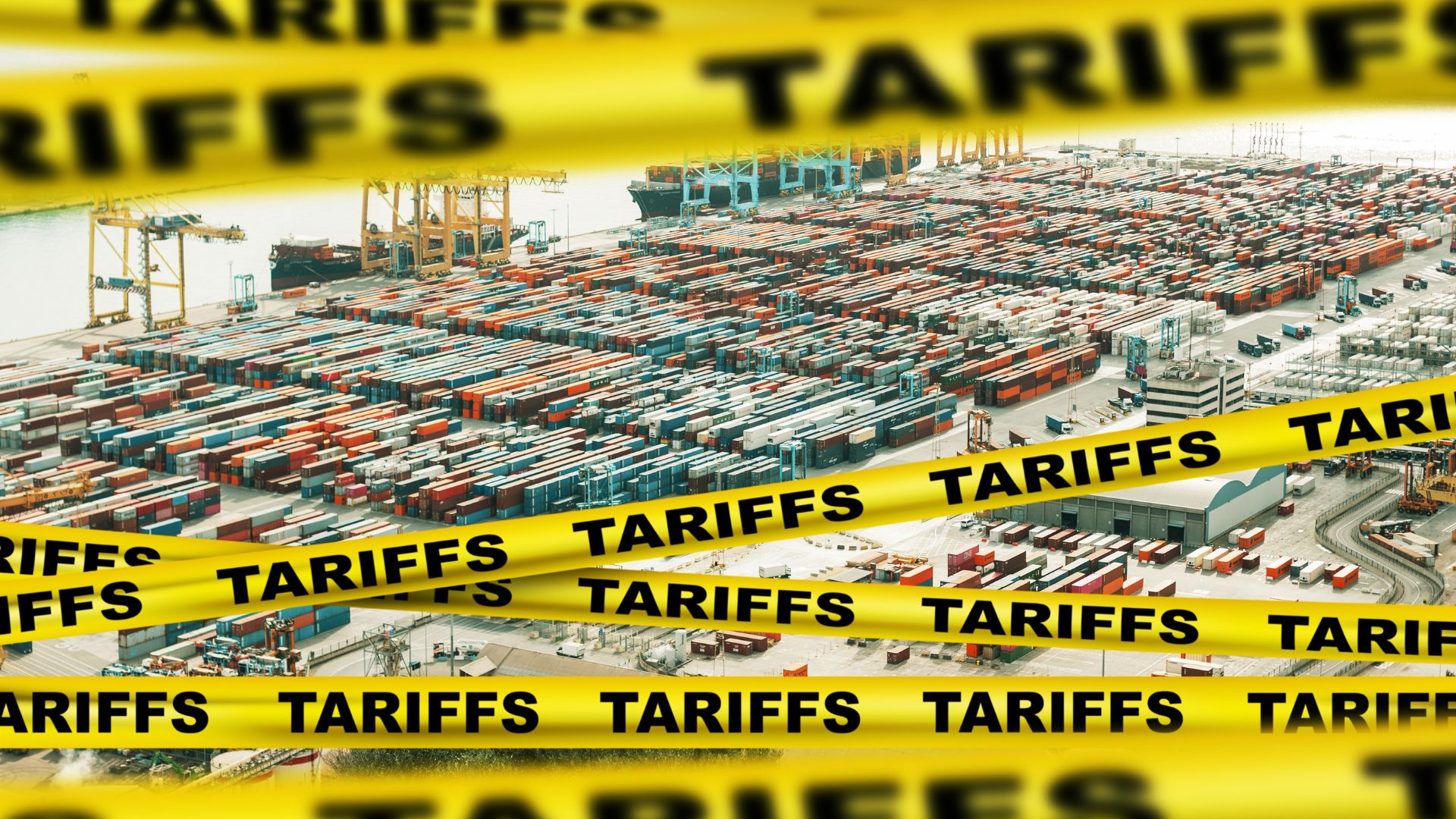 Tariff yellow tape across shipping containers