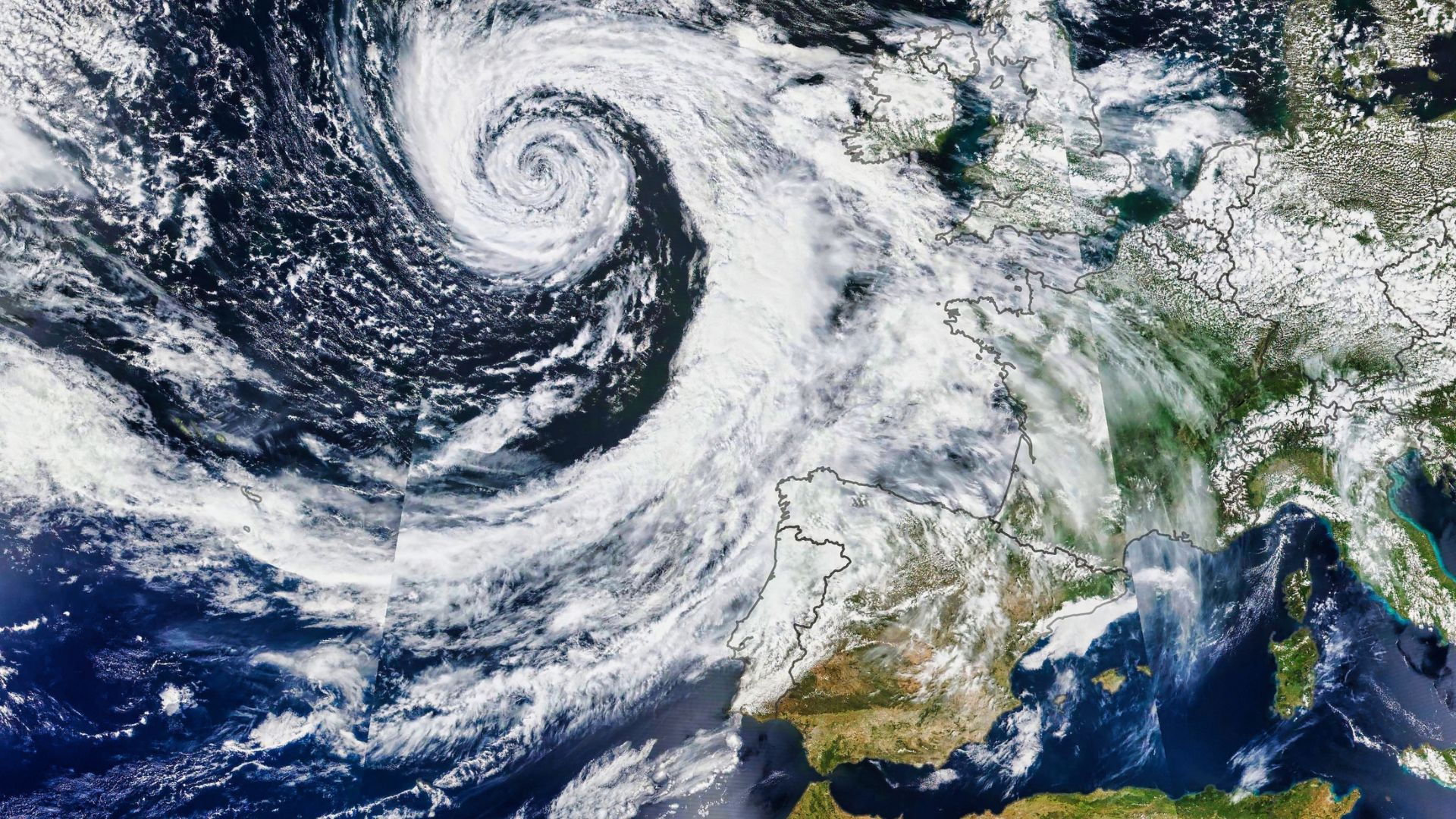 View from above of tornado or big storm on earth.