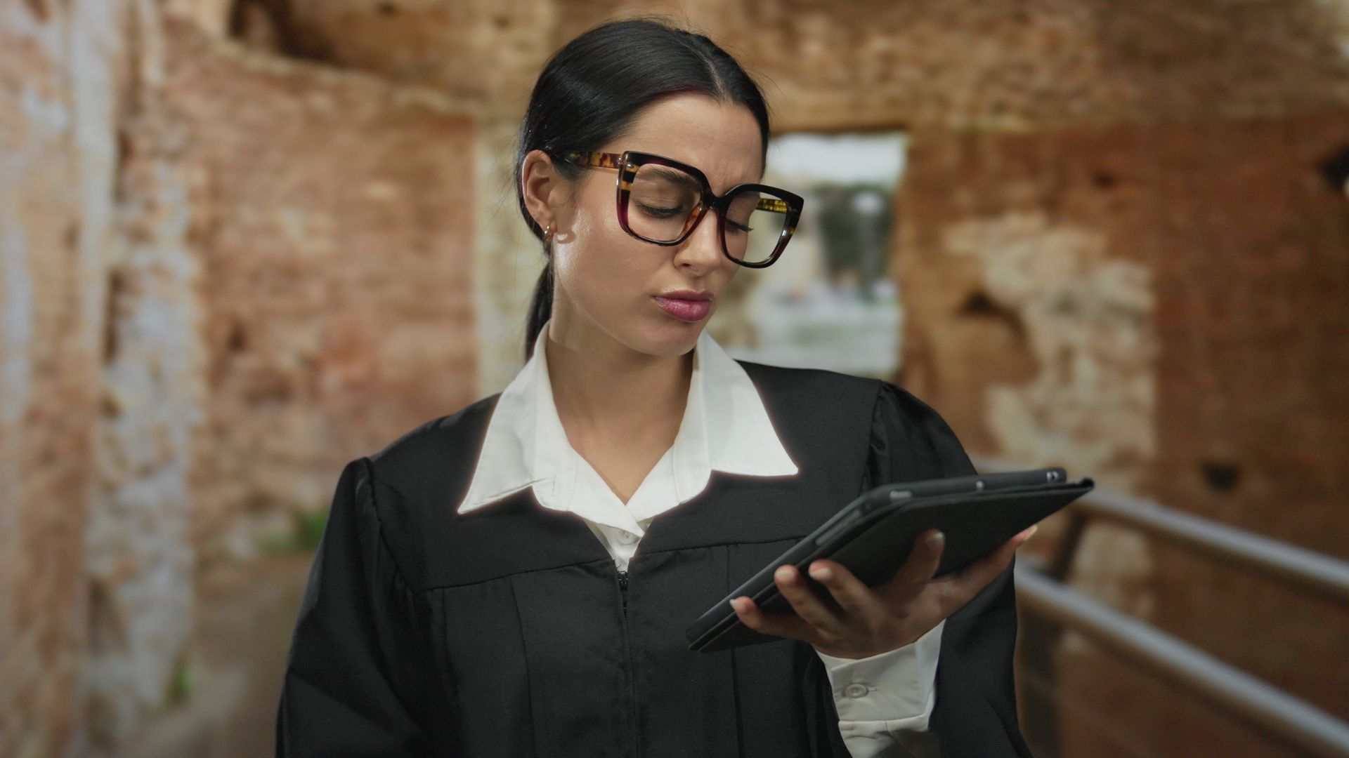 Hispanic woman reading a tablet
