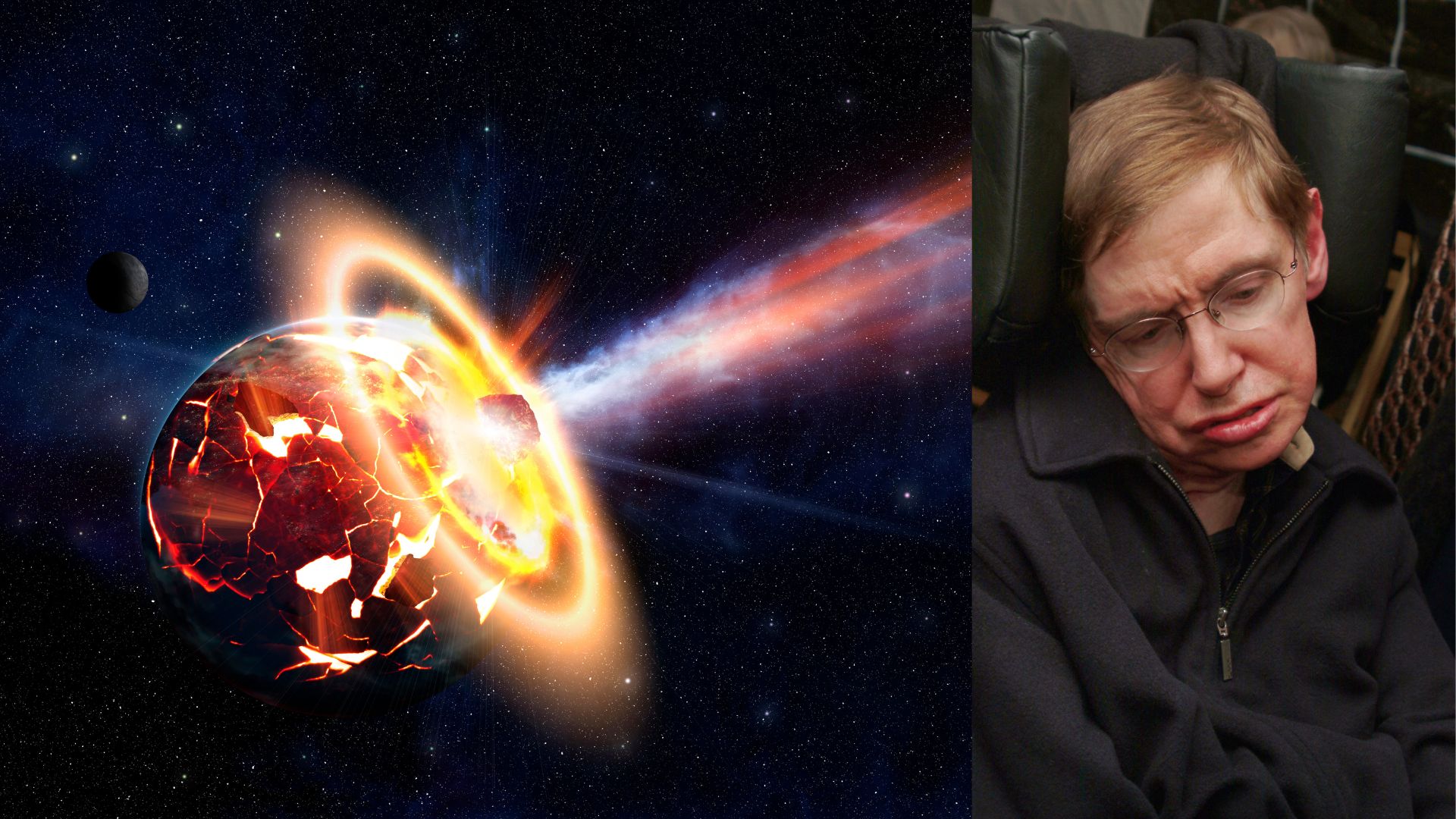 Large asteroid approaching Earth alongside portrait of physicist Stephen Hawking