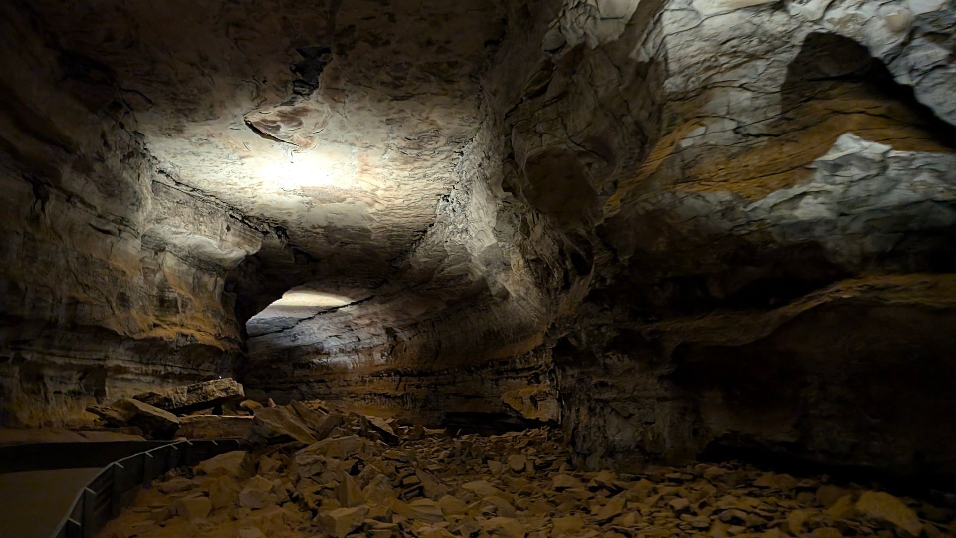 Wide view of Mammoth Cave National Park entrance surrounded by forest in Kentucky