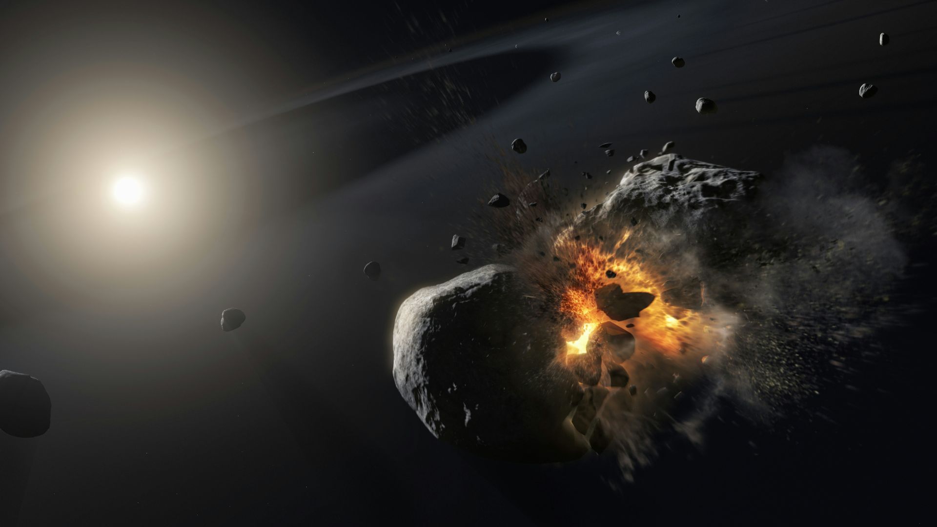 Artist’s impression of an asteroid colliding with a planetary body in space
