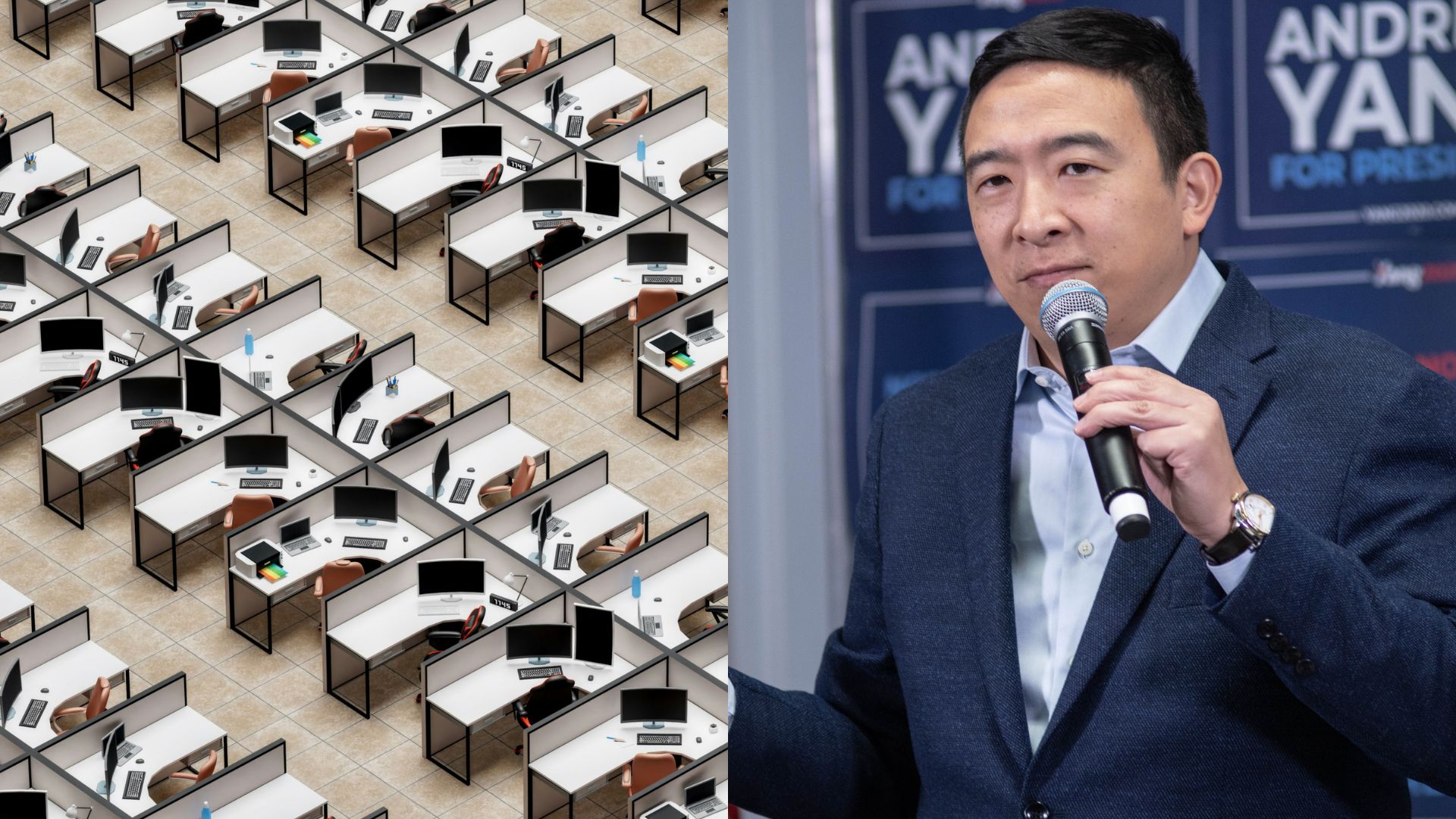 Andrew Yang speaking into a microphone beside an image of empty office cubicles with computer monitors.