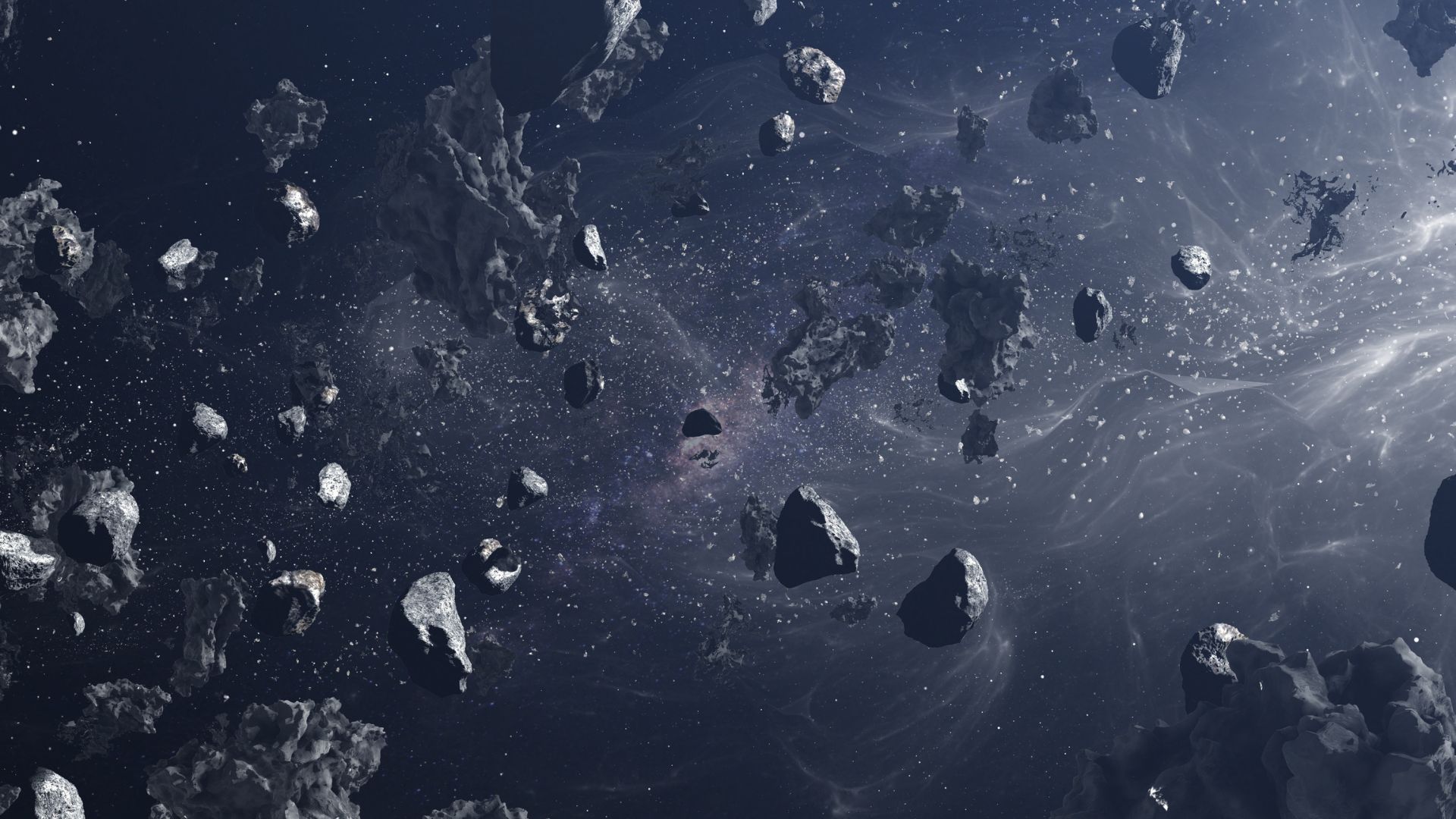 Illustration of a massive asteroid drifting through deep space