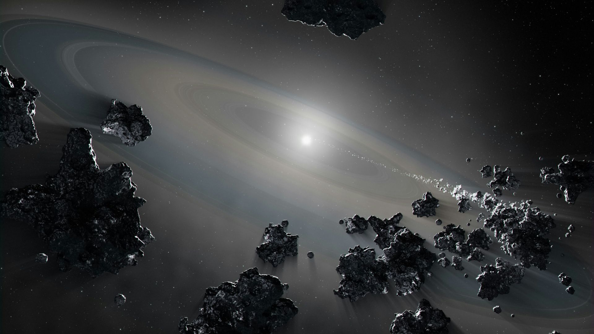 Artist rendering of a distant star system with planets and surrounding debris