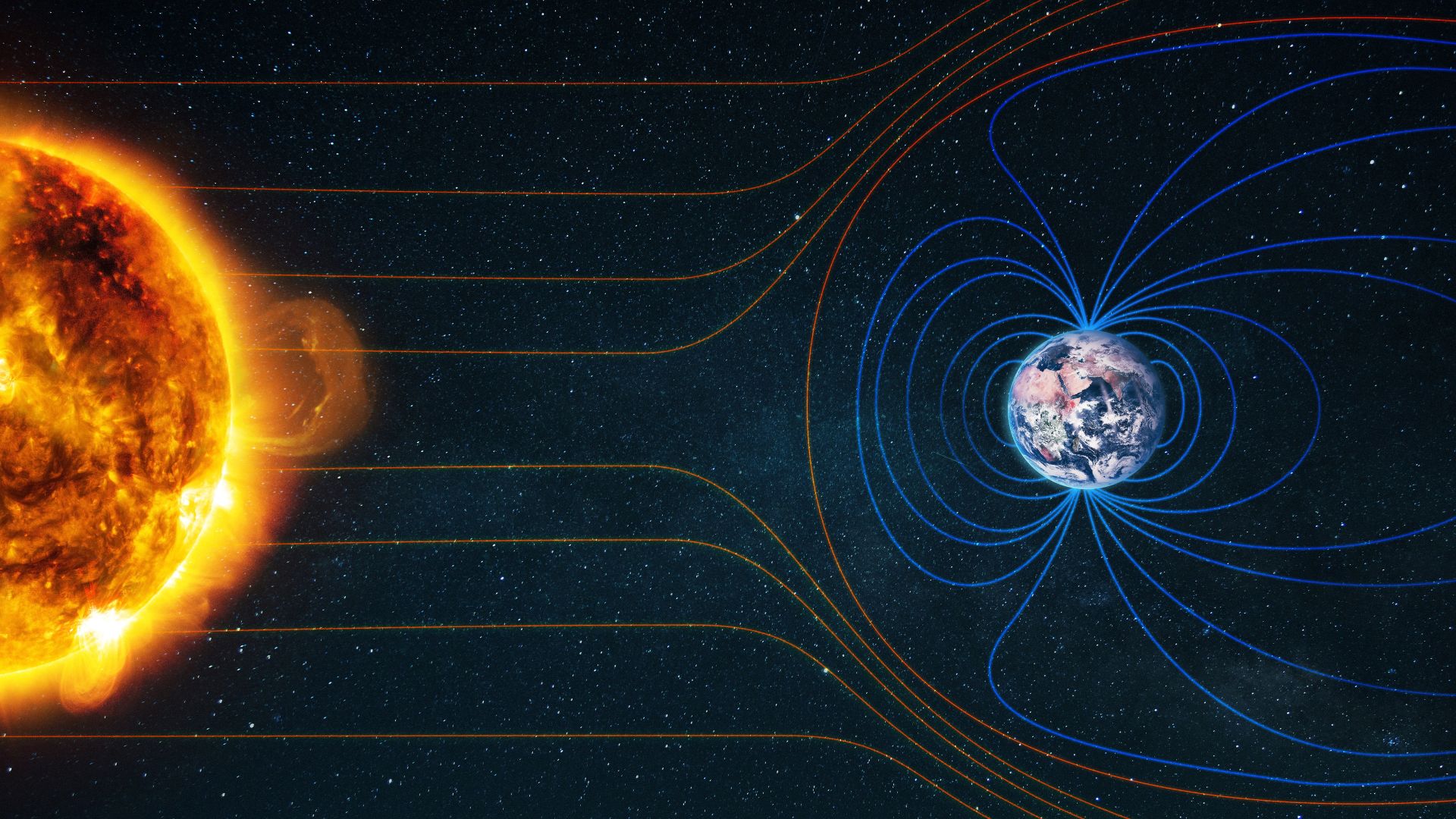 Creative rendering of Earth with magnetic field lines interacting with solar radiation