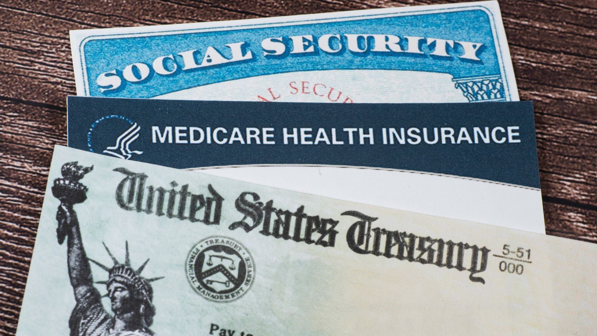U.S. Treasury check placed next to Social Security and Medicare cards