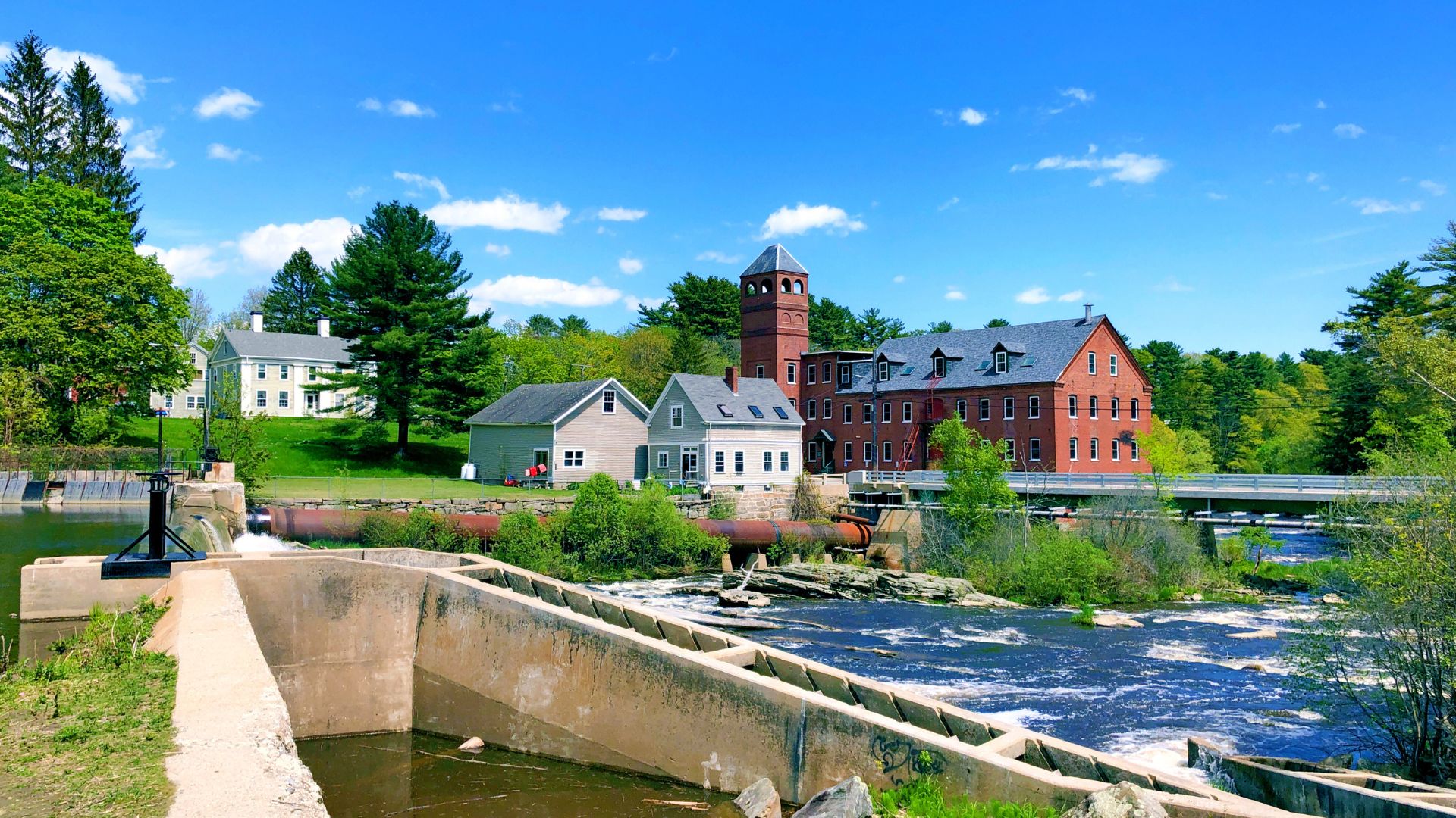 Sparhawk Mill exterior beside Bridge Street Dam in Yarmouth, Maine