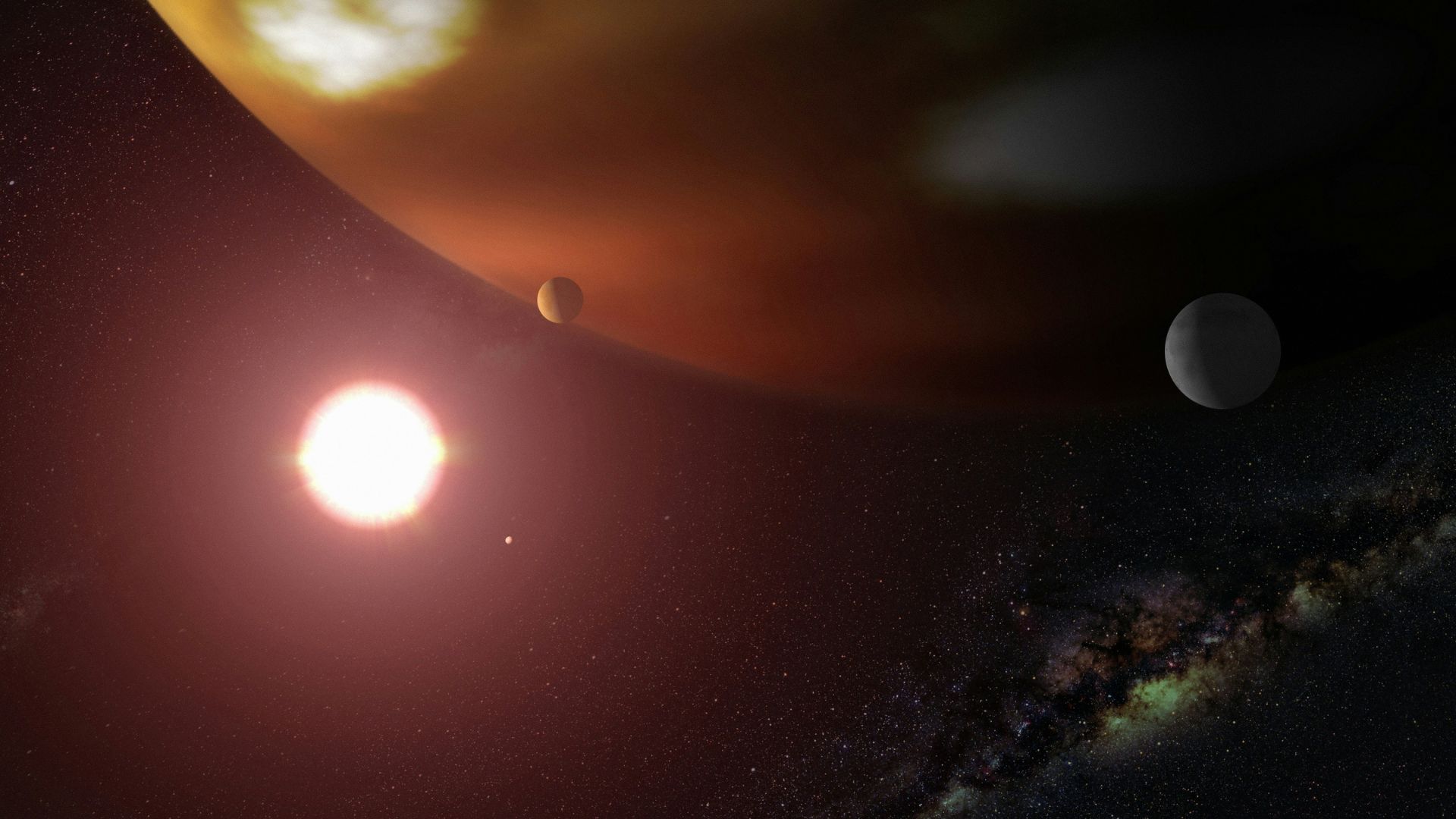 Illustration of a solar system with two planets and glowing background light.