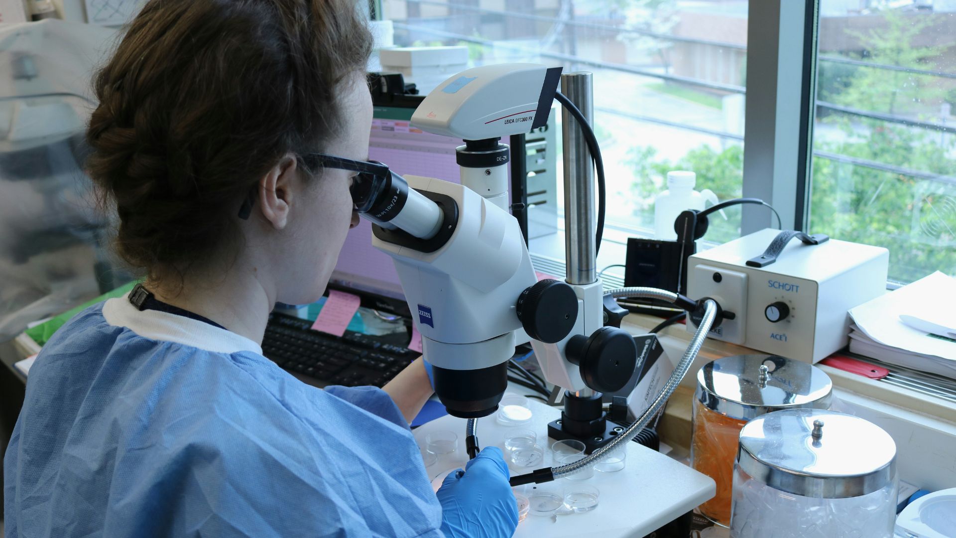 Scientist in a lab coat examining a sample under a microscope