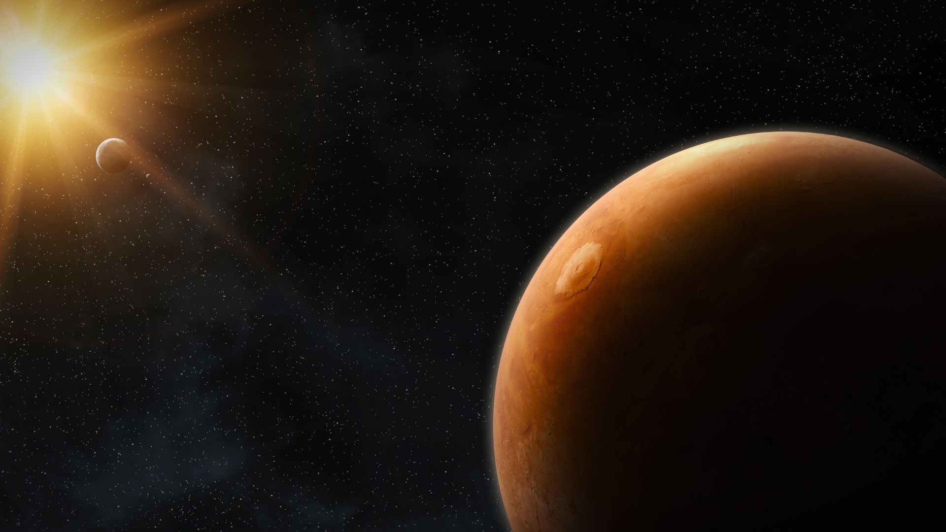 View of the planet Mars in space illuminated during sunrise