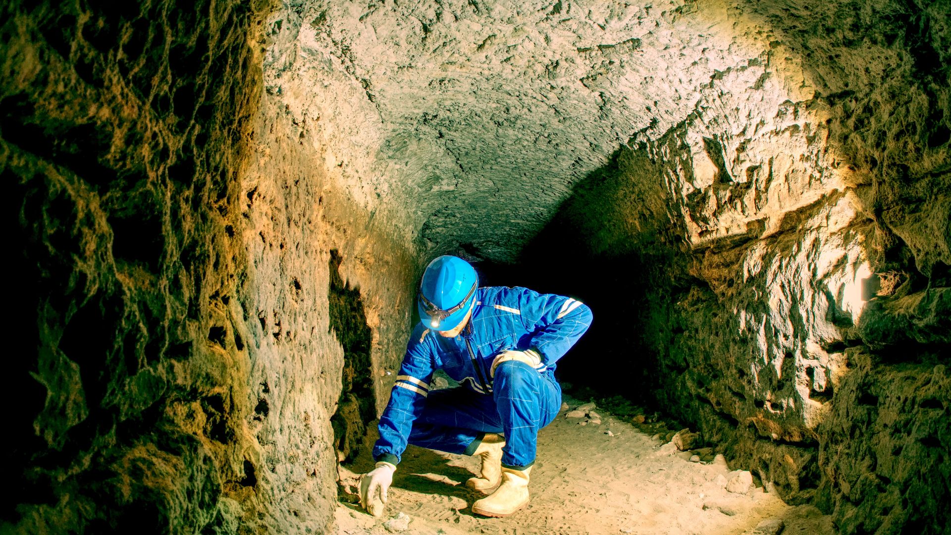 Long ancient tunnel with a person working inside a stone passageway