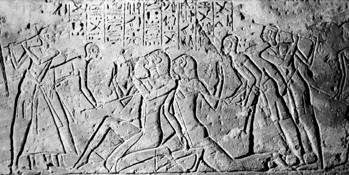 The Shasu spies shown being beaten by the Egyptians